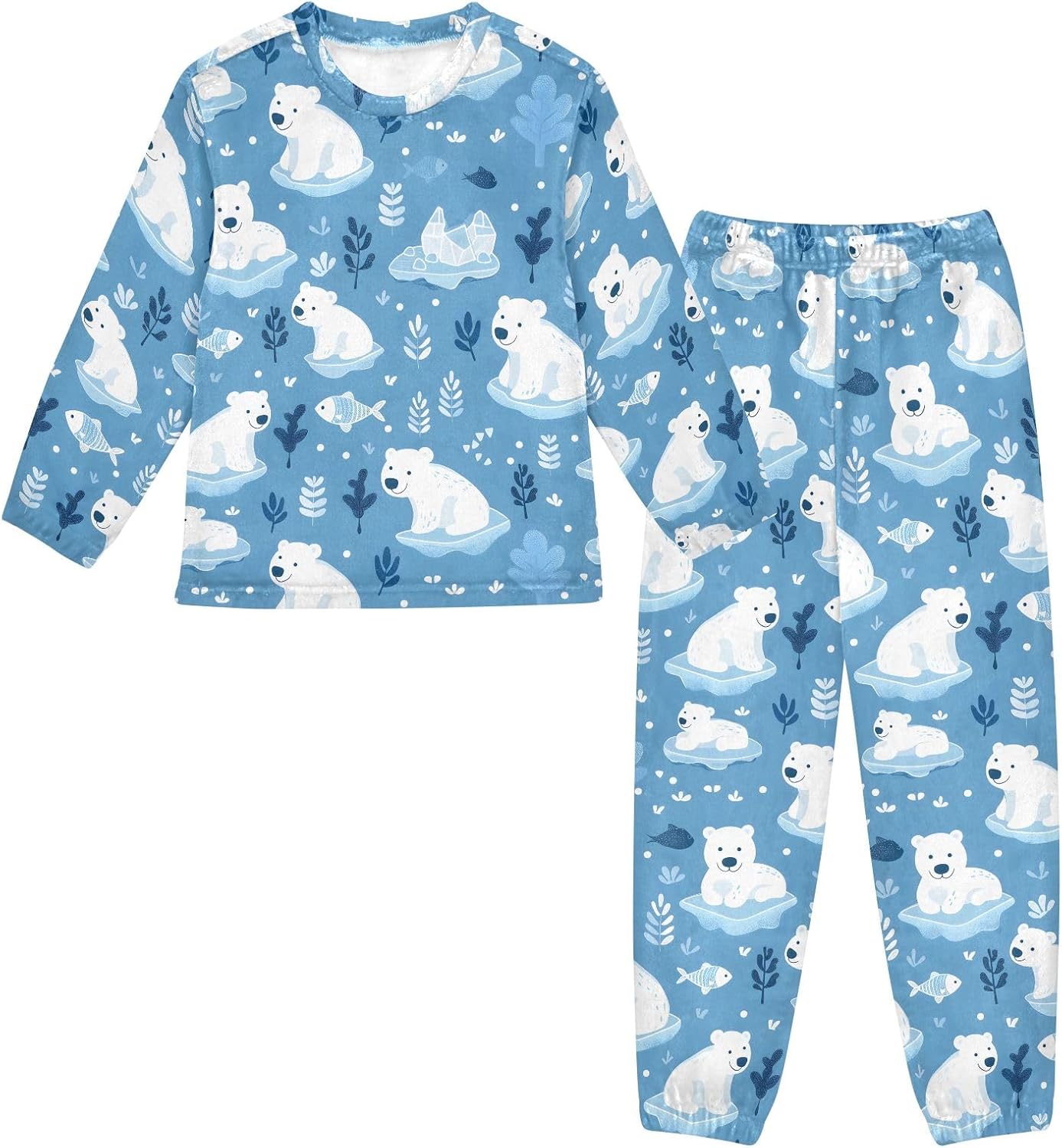Kids Flannel Sets Cute Arctic Polar Bears Warm Plush Relaxed Clothing for Boys and Girls