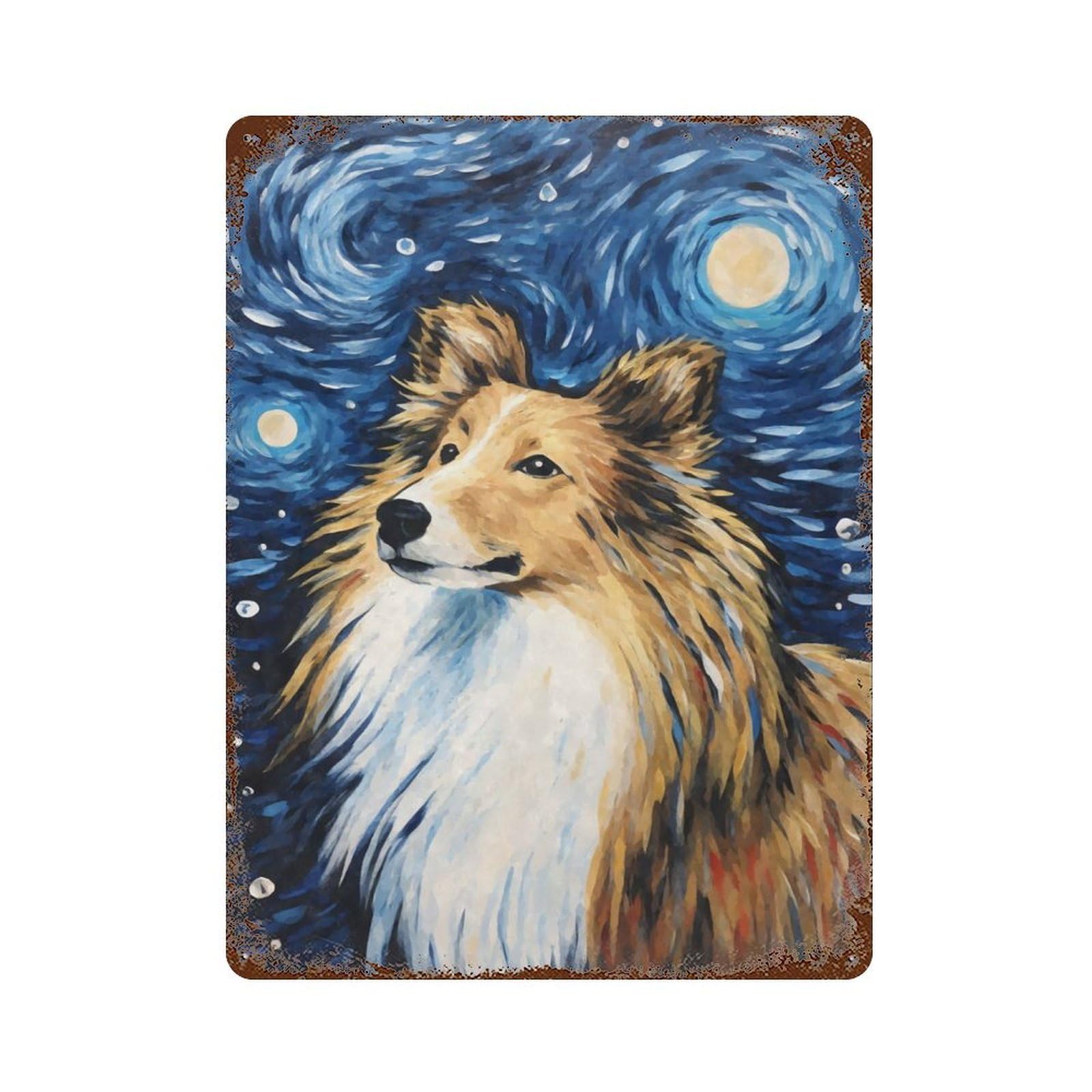 Rust Effect Shetland Sheepdog Night Rusty Metal Tin Sign 15.7"x11.8", Old School Wall Decor for Basement, Hobby Room And Garage Decor
