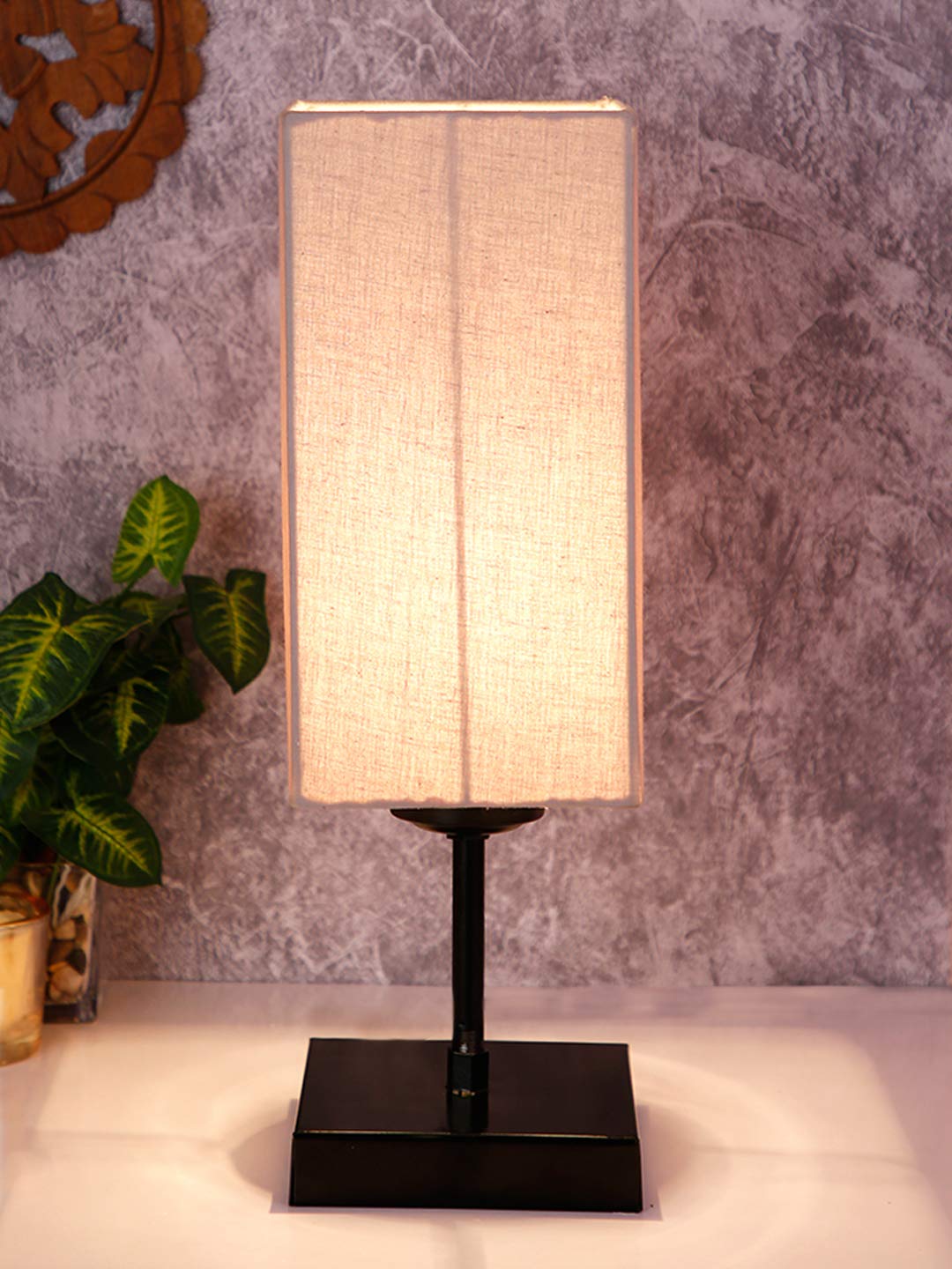 Devansh Square Grey Cotton Shade Table Lamp with Iron Base