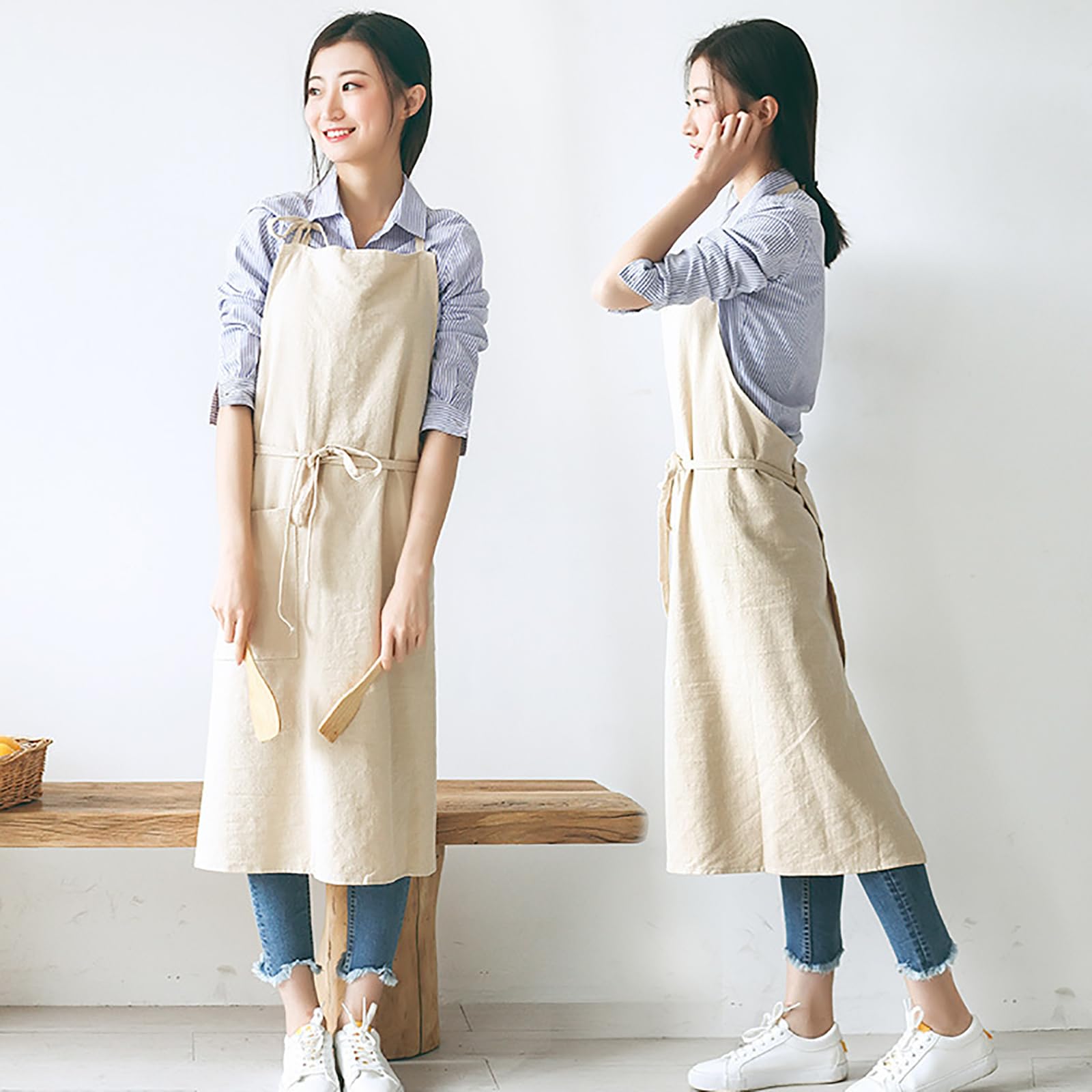 Tablier de cuisine réglable en coton et lin avec poches pour la cuisine, la pâtisserie, l'art, la peinture, le jardinage
