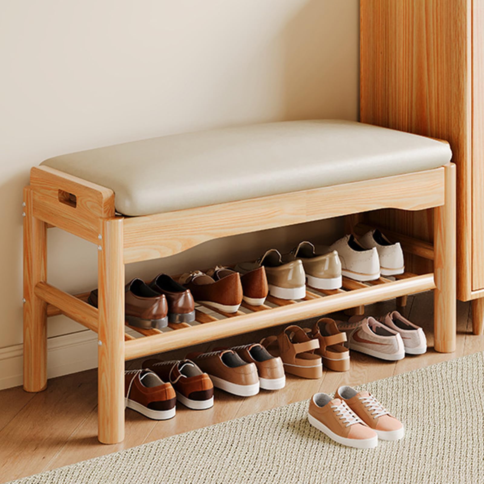 Banc d'entrée de rangement pour chaussures avec assise rembourrée confortable en bois