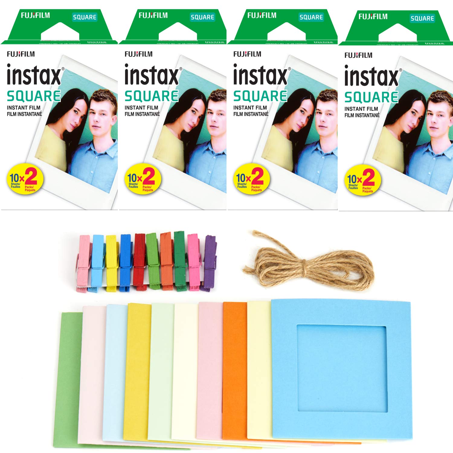 4X Fujifilm Instax Square Instant Film (80 Exposures) + Hanging Photo Frames for Square Film Assorte