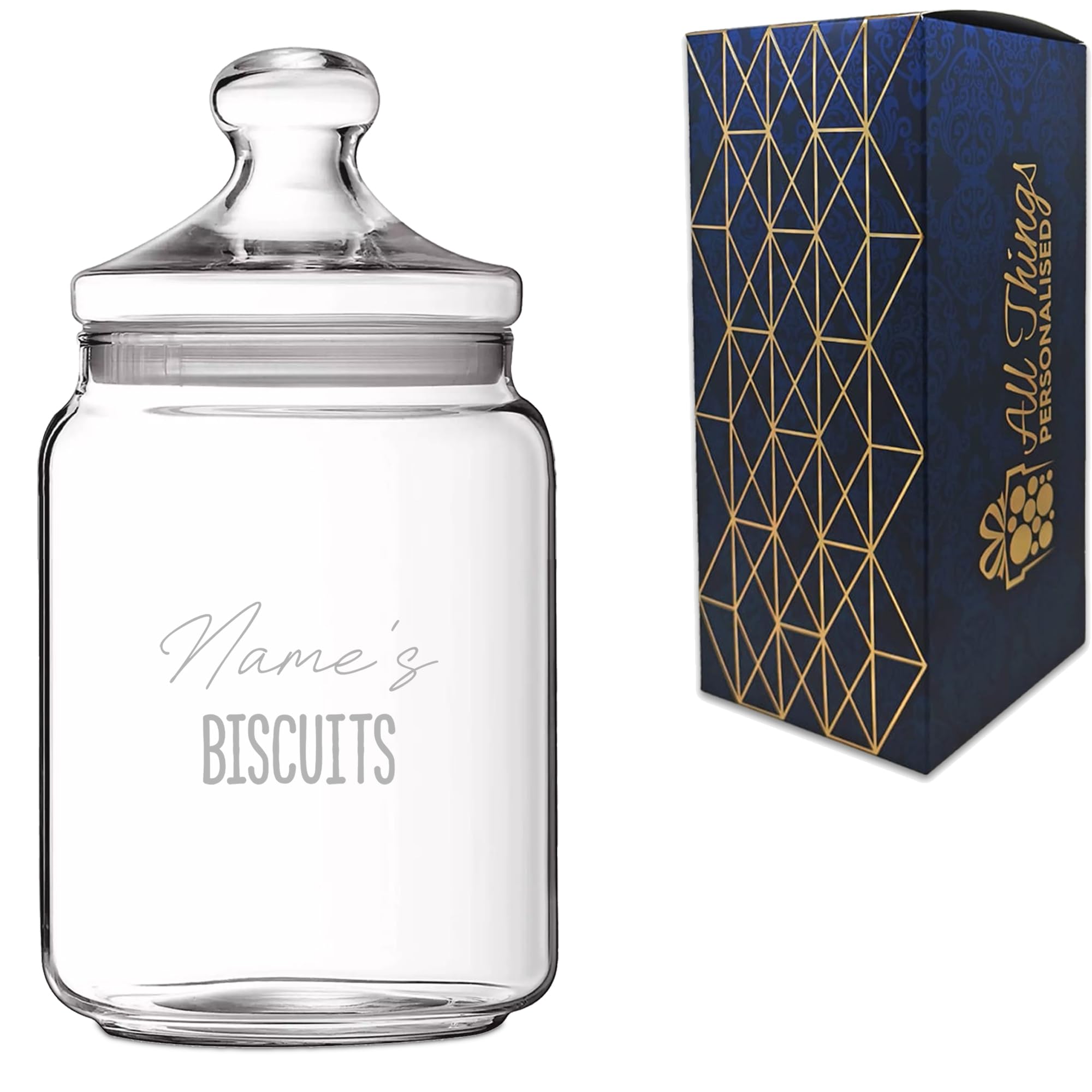 Personalised 1 Litre Glass Sweet Jar with Name's Biscuits Design, Custom Laser Engraved Treat Jar with Lid, Personalised Gift for Birthdays, Christmas or Retirements, Gift Box Included