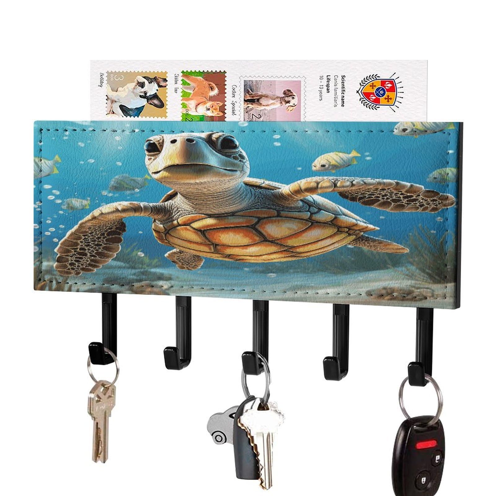 Fekiloot Black-Style Cartoon Sea Turtle Key Holder Wall Mount Key Hanger With 5 Hooks Decorative Key Rack Hanging Key Hooks With Mail Organizer Key Holder For Wall Living Room Kitchen Bathroom Hallway Black
