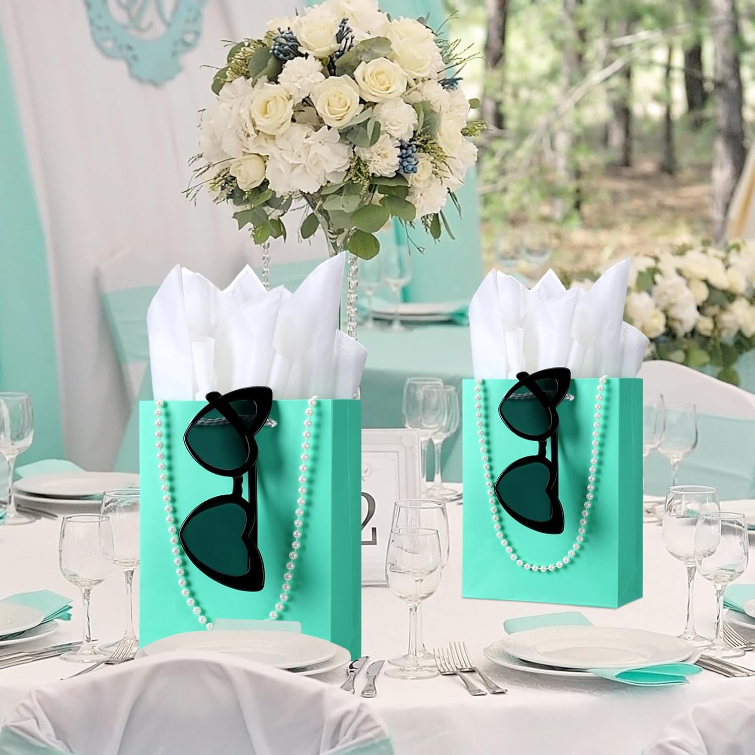 48-Piece Teal Blue Party Favor Set: 12 Teal Blue Paper Gift Bags, 12 Retro Heart Sunglasses, 12 Pearl Necklaces, 12 Tissue Papers for Birthdays, Bridal Showers, Baby Showers, Weddings - Image 5