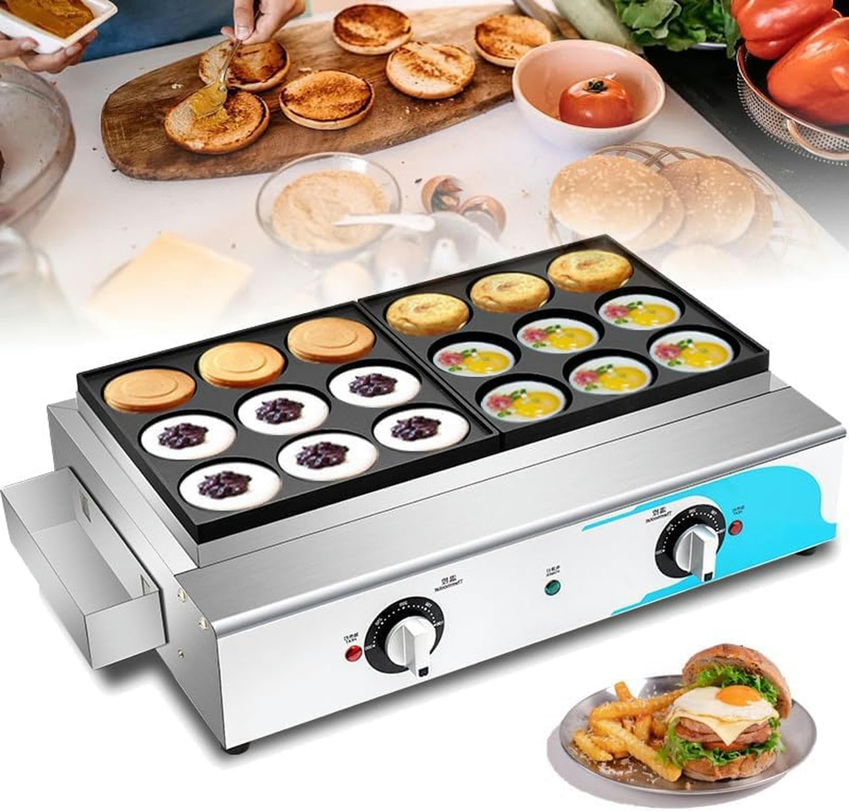 AYCDL 9 Hole Egg Burger Machine,Commercial Electric Heating Meat Hamburger Maker Griddle,50-300℃Tempand5min Time Control,for Bakery,A,B