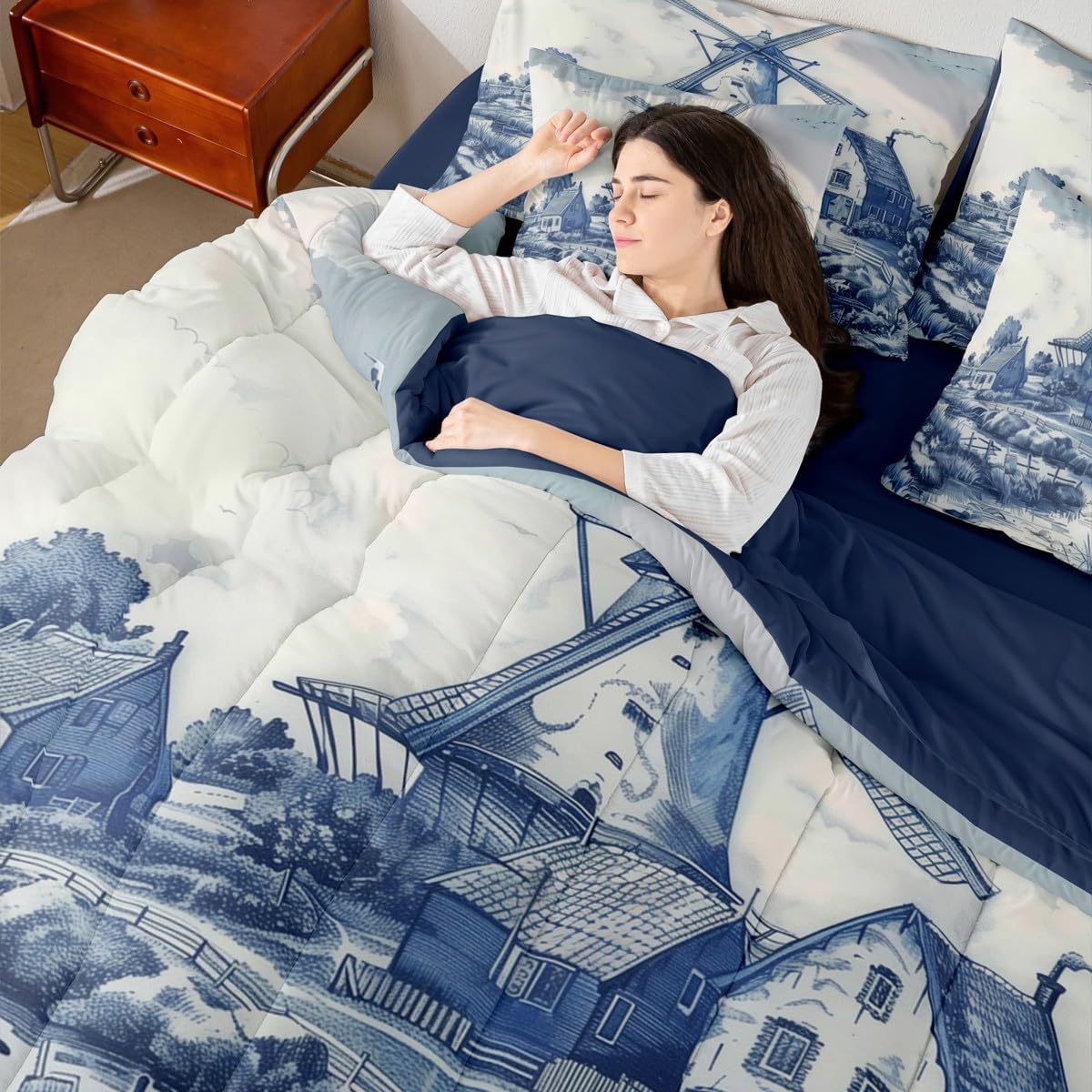 Erosebridal 7Pcs Vintage Dutch Windmill Bed in A Bag King Size Delft Blue Farm Bedding Sets Rustic Farmhouse Comforter Set with Sheets