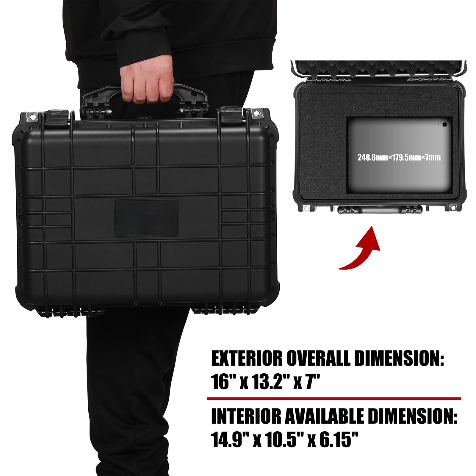 Mayouko Caja de herramientas de plástico impermeable de 16 pulgadas con inserto de espuma, 16 x 13.2 x 7 pulgadas, caja de almacenamiento con cerradura IP67, espuma personalizable, funda rígida a