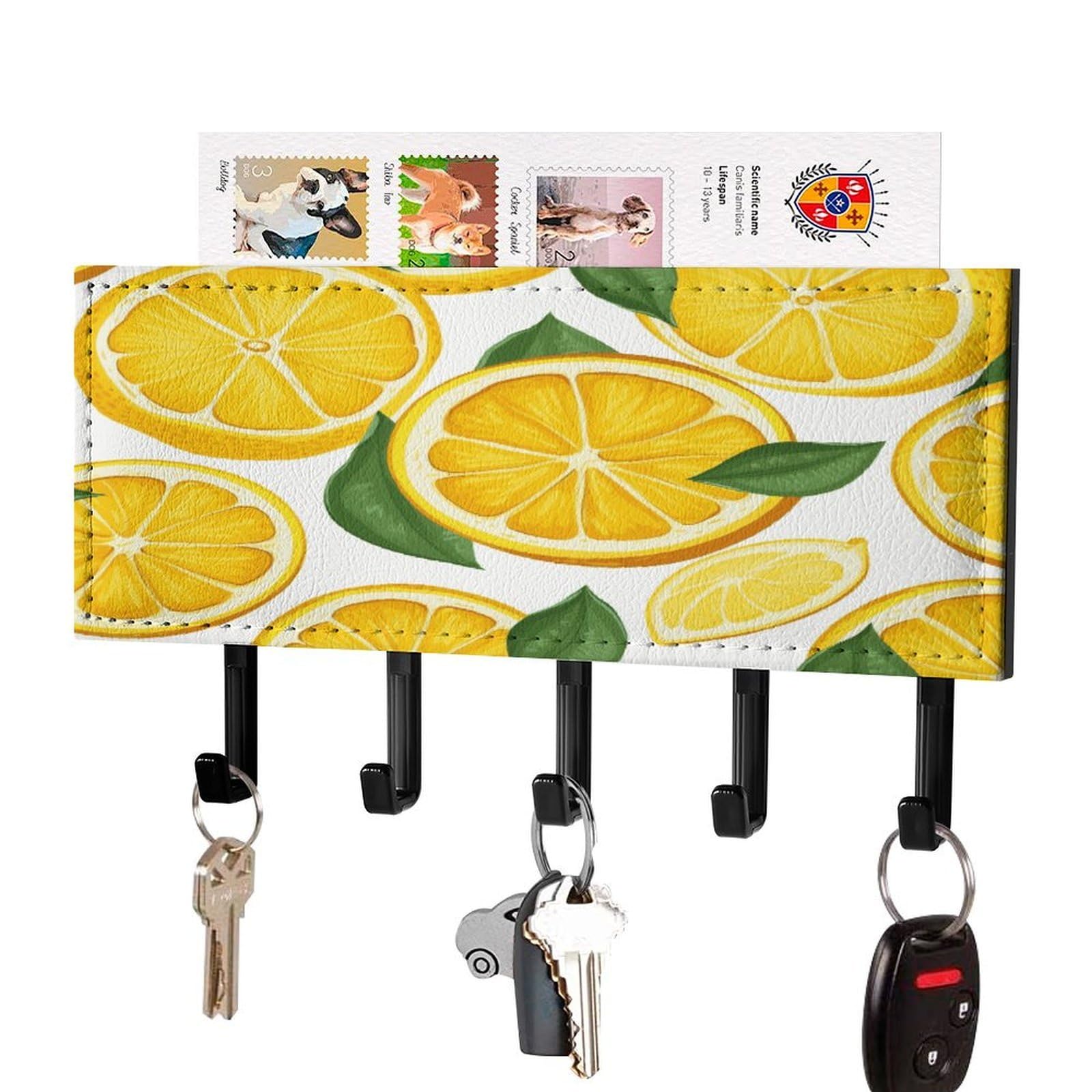 JTREHY Lemon Fruit Pattern Key Holder Wall Mount Decorative Key and Mail Holder PU Leather Adhesive Key Organizer Hanging Key Hooks Wall Shelf with 5 Hooks for Entryway Hallway Office