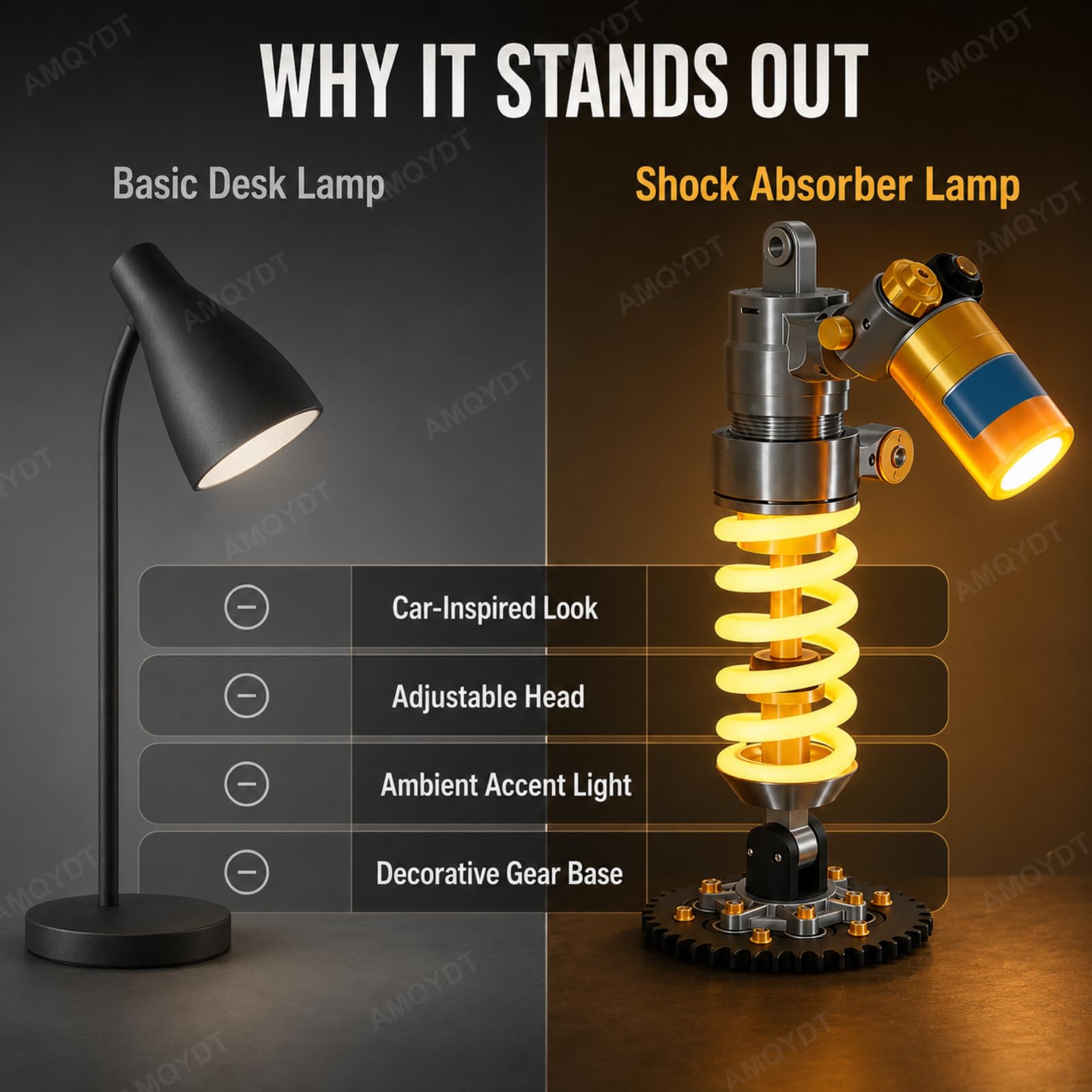 Tischleuchte Mit Stoßdämpfer-Design, Schreibtischlampe Mit Federungsdetail Und Schraubenfeder, Mechanische Tischleuchte Für Werkstatt, Spielzimmer Und Als Geschenk Für Autoliebhaber