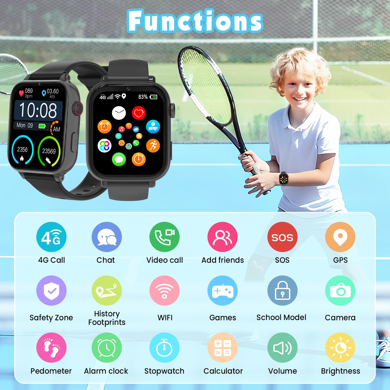 Smartwatch per Bambini GPS 4G, Orologio Bambino Bambina con Telefono, Videochiamata Chat Vocale Sveglia Contapassi Camera Modalità Classe Gioco, Smartwatch per Ragazza e Ragazzo 4-12 Anni Regalo, Nero