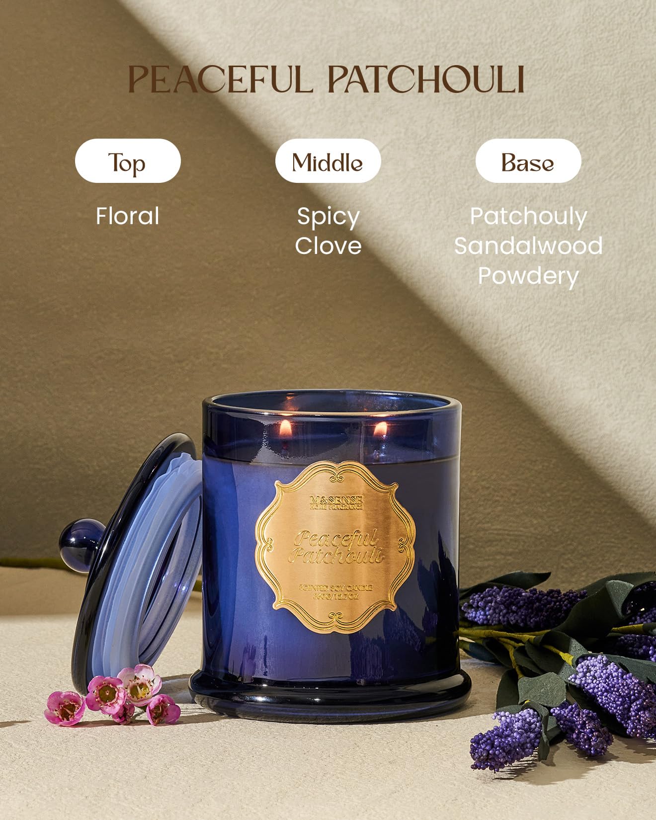 M&SENSE Candela al Patchouli per la Casa Profumata di Soia Organica Non Tossica Senza Fuliggine - Aromaterapica Rilassante per il Bagno e la Meditazione - 360g 75 Ore | Candela di soia biologica per alleviare lo stress, rilassamento, meditazione, regalo d