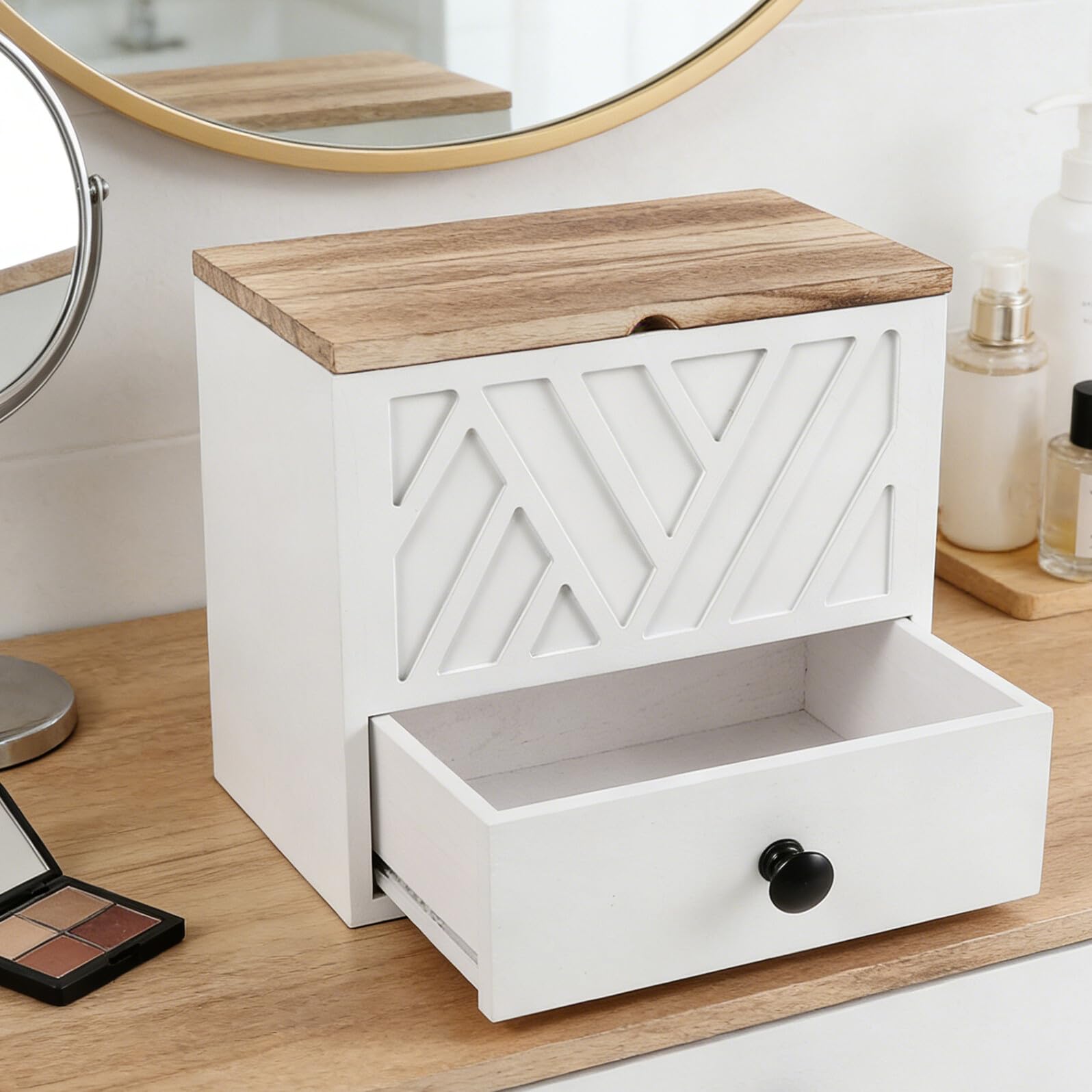 Damenhygiene Aufbewahrungsbox mit Schublade, Doppellagig | Weiß, für Badezimmer und Waschtisch, Elegante Holzmaserung, Minimalistisches Design, Praktische Entnahme