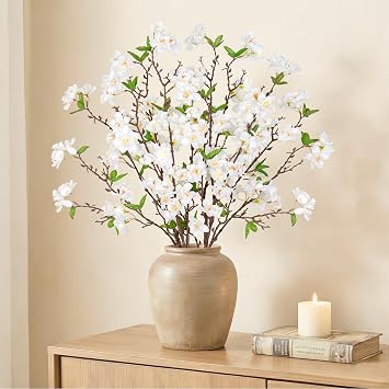4PCS Artificial Cherry Blossom Branches White Artificial Spring Flowers 36.2in Long Stem Fake Flowers Plum Blossom Stems Silk Flower Arrangements for Vase Home Wedding Outdoor Indoor Decor