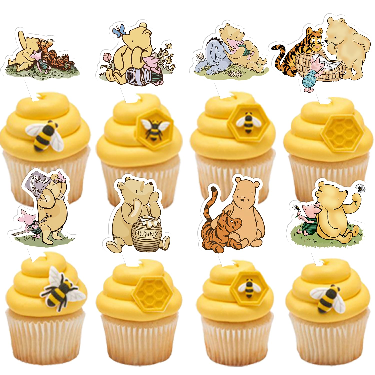 48Pcs Winnie Bear Cupcake Toppers, Classic Bear Themed Decorations for Baby Shower/Birthday 8 Designs