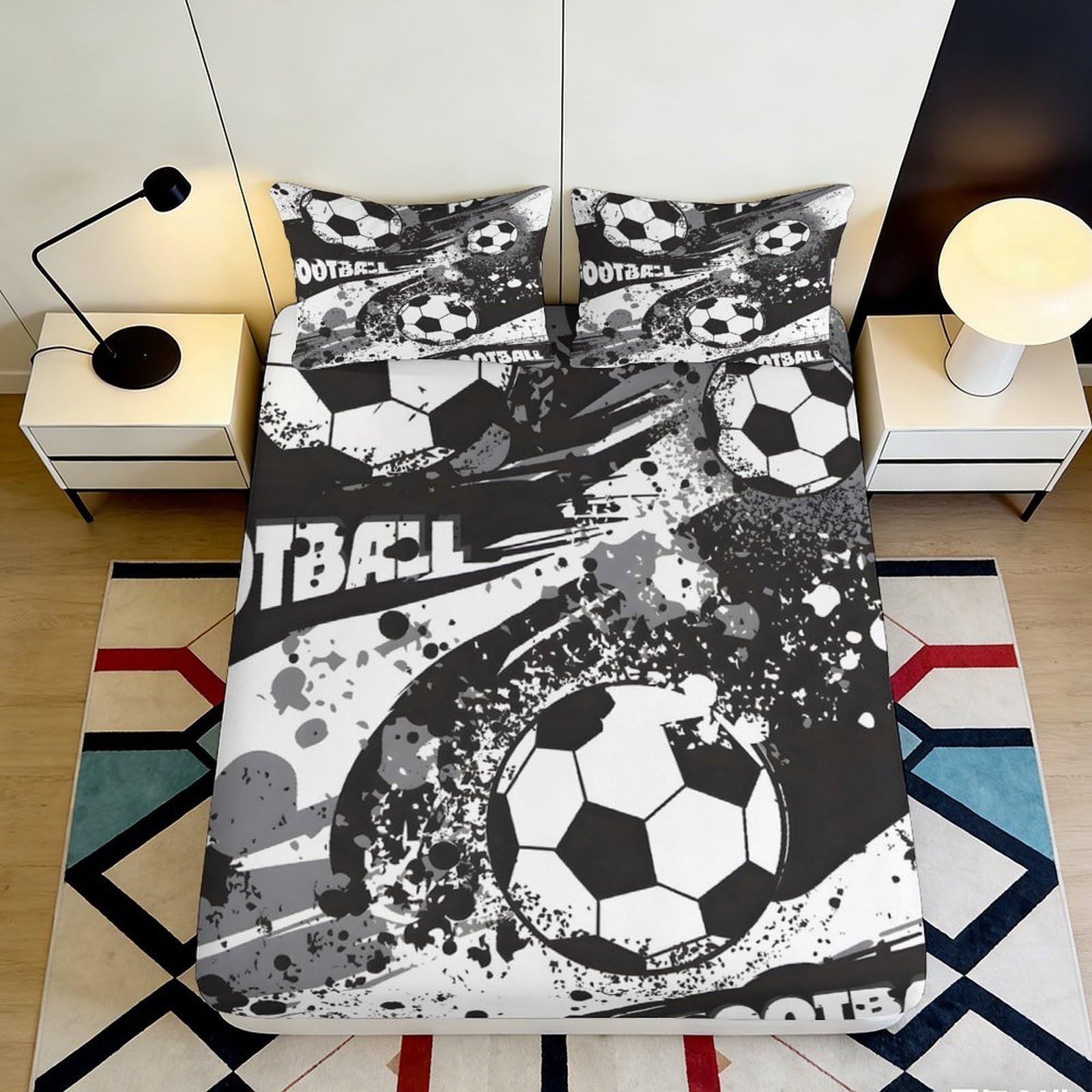 3D Printed Football Graffiti Fitted Sheet Microfiber Black White Soccer Theme Bed Cover for Bedroom Guest Room 120x200x25cm