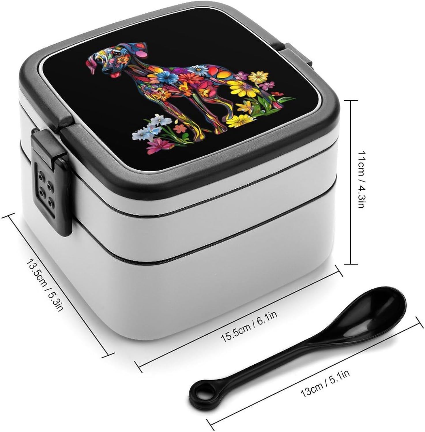 Floral Print Greyhound Dog Bento Box with Spoon 2 Layer Food Container Cute Lunch Box for Travel Dining Work