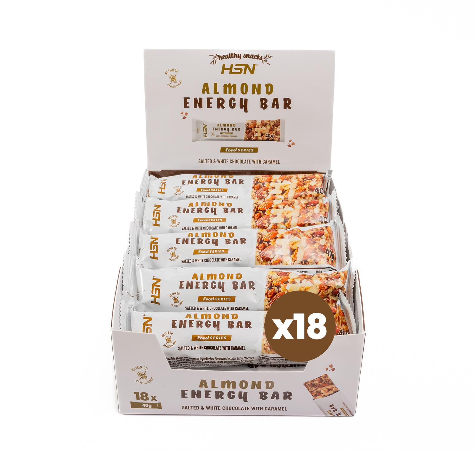 HSN Barritas Energéticas de Almendra Almond Energy Bar | Chocolate Blanco Caramelo Salado - 18 unidades de 40g | Ingredientes Naturales | Sin Aceite de Palma Sin Azúcares Añadidos | Apto Vegetariano