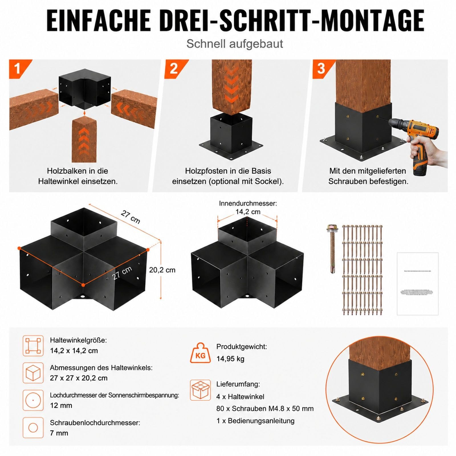 4er-Set 3-Wege-Pergola-Winkelverbinder für Holzbalken