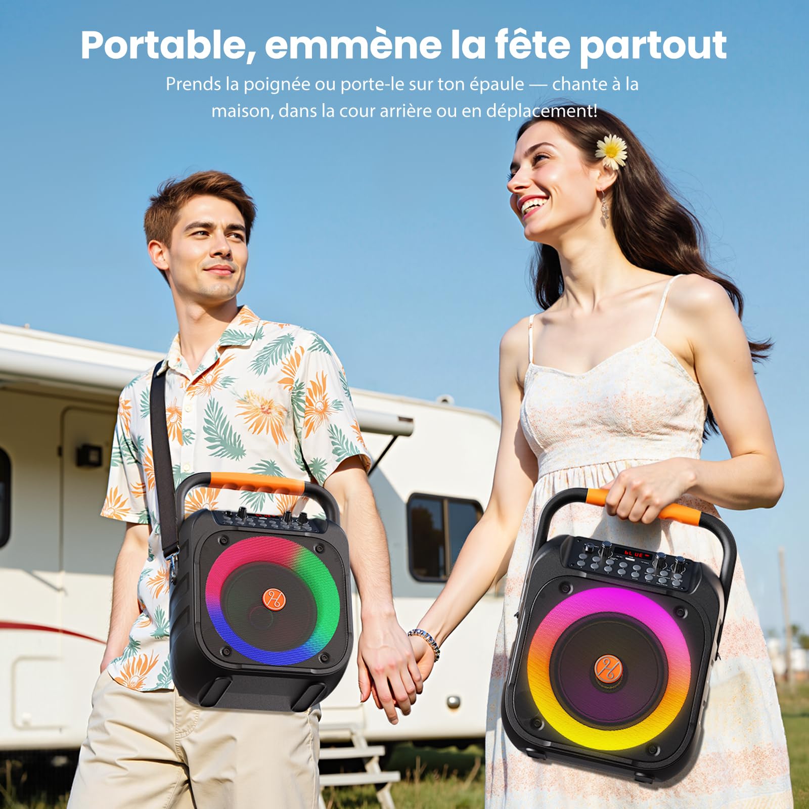 HWWR Enceinte de Karaoké avec 2 Microphones sans Fil, Haut-Parleur Karaoke Complet avec Lumières de fête, Karaoke Adulte et Enfants, Portable Système Karaoké Support AUX/FM/USB/TF Carte