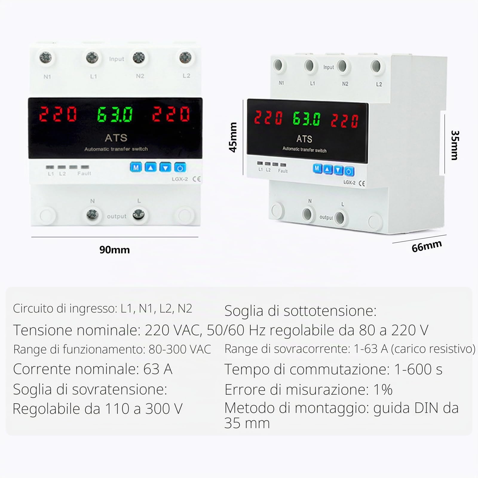 ATS 63A Monofase Automatico AC220V Commutatore Automatico di Trasferime Protezione Regolabile da Sovratensione e Sottotensione Display LED Inversione Automatica di Fase Montaggio su Guida DIN da 35 mm
