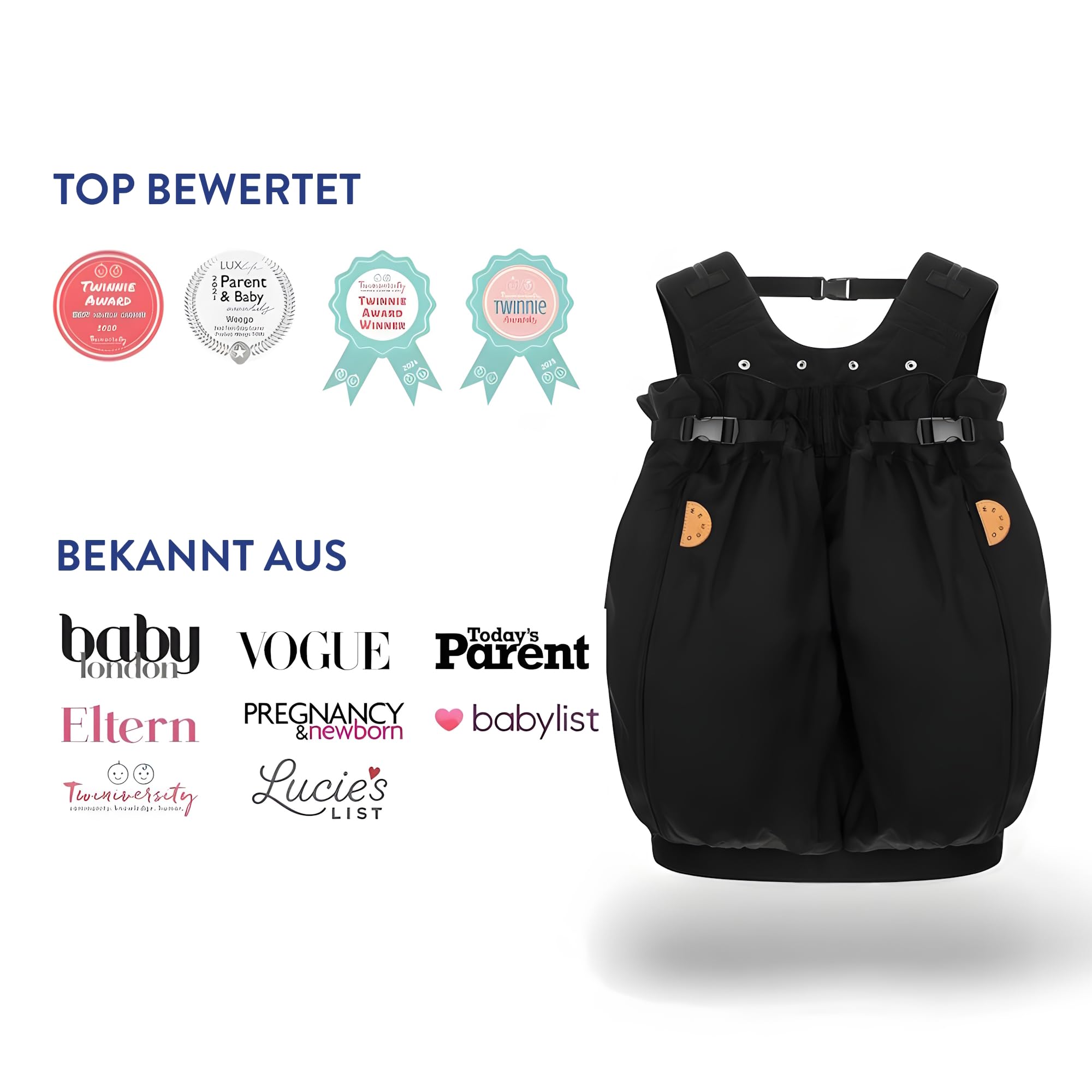 Weego TWIN - L'originale marsupio per gemelli (a partire da 1,8 kg) - Marsupio gemellare ergonomico e facile da usare - certificato OEKO-TEX 100 - modello “Simply Black”