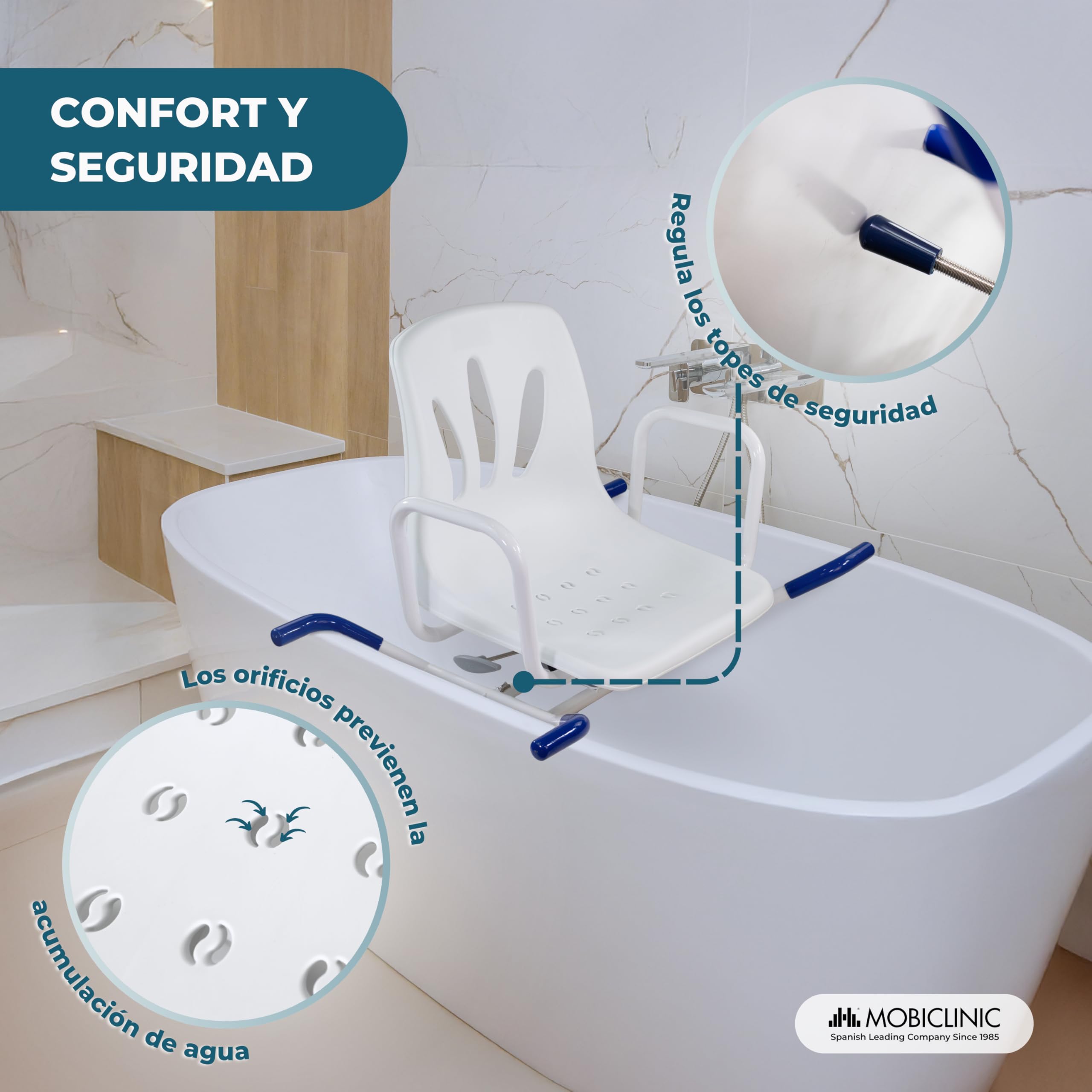 Mobiclinic®, Silla de Baño Giratoria 360º, Reposabrazos y Respaldo, Anatómica, Marca española, Resistente al Agua, para Personas Mayores, con discapacidad o Movilidad Reducida, Lago