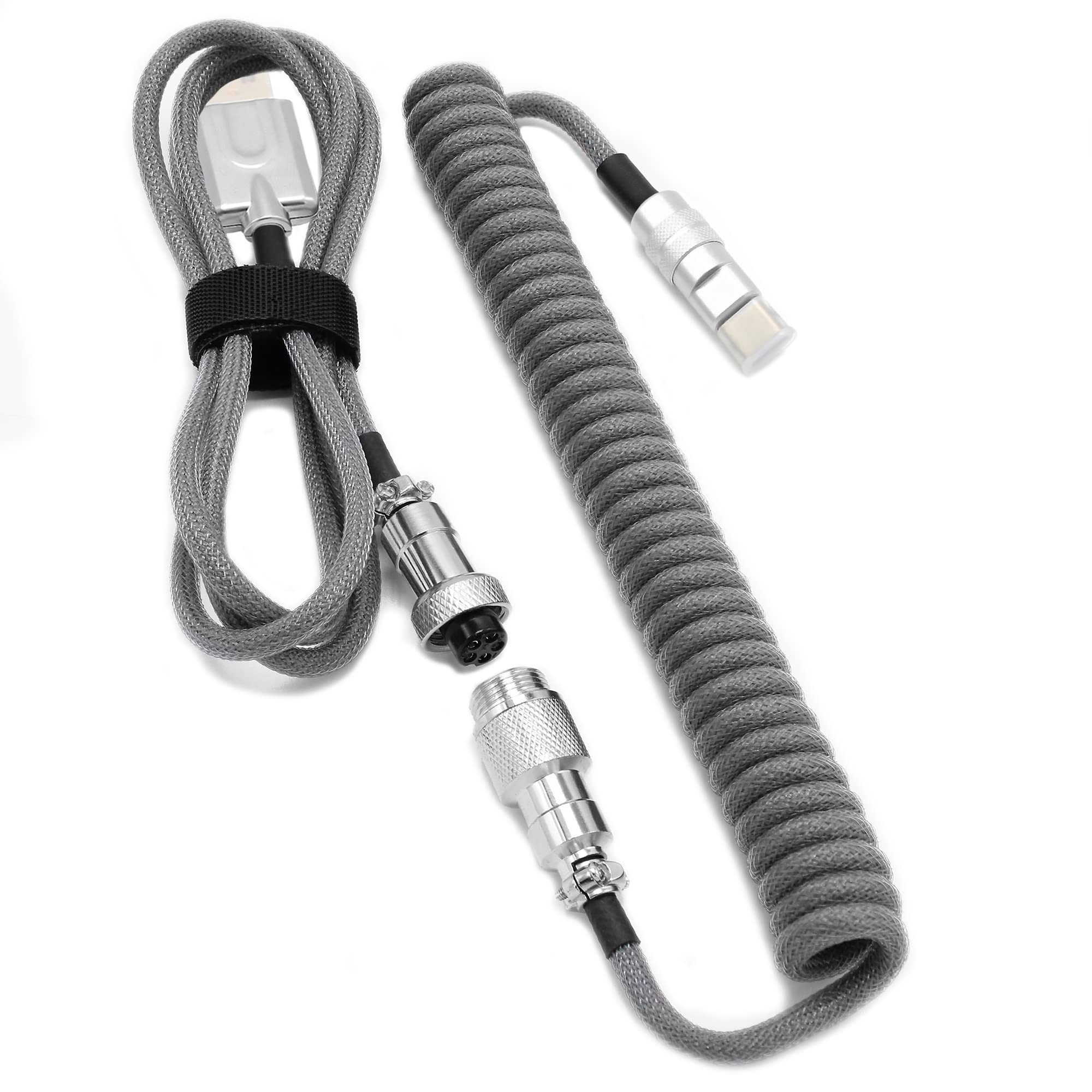 NEBULABS 5ft Keyboard Cable Gaming PC's Mechanical Aviator Classic Coiled Cable USB-C Cable, Customized Plug with Detachable Connector, USB-C GX-16 Mod Pro USB-A to USB-C - Gray