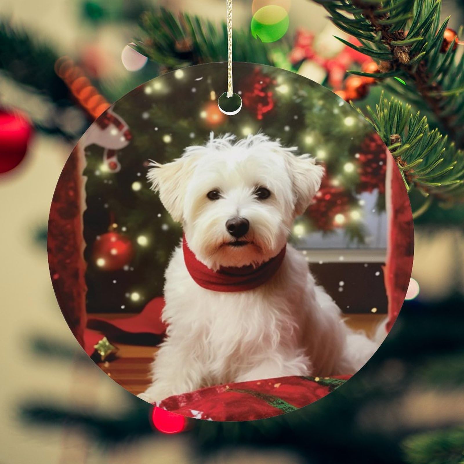 Christmas Dog Christmas Ornament for Christmas Tree Ceramic Round Ornament Winter Holiday Keepsake Gift 2.7" Christmas Tree Hanging Decorations Circle Ceramic Pendant Xmas Gift