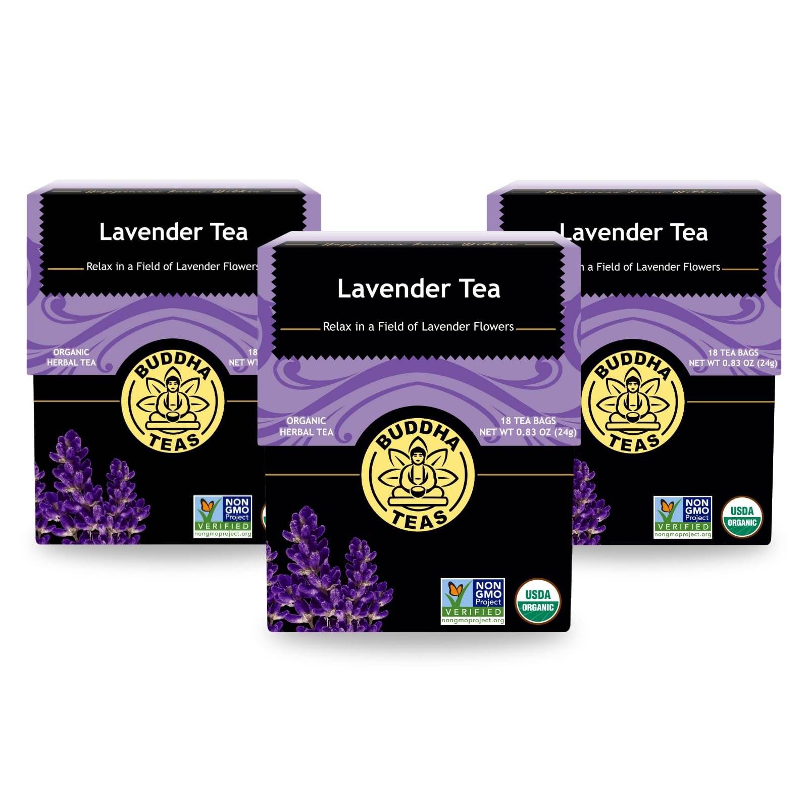 Buddha Teas - Organic Lavender Tea - Herbal Tea - For Health & Wellbeing - With Antioxidants & Minerals - Clean Ingredients - Caffeine Free - OU Kosher & Non-GMO - 18 Tea Bags (Pack of 3)USDA Organic