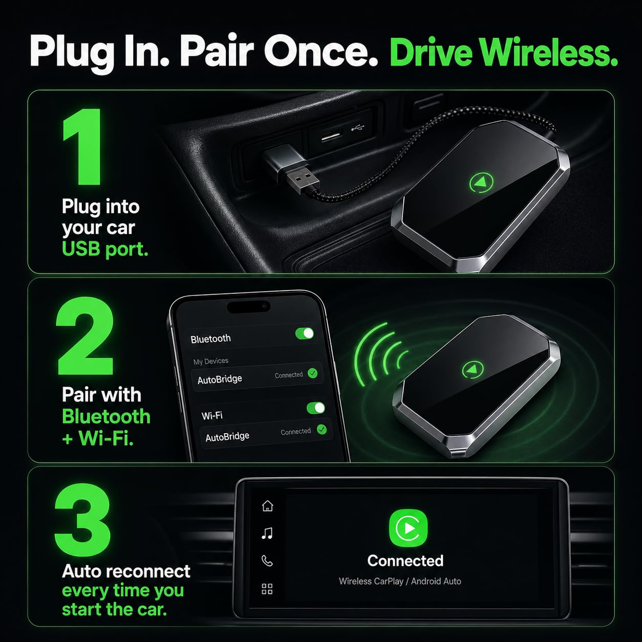 Adaptador inalámbrico 2 en 1 para CarPlay y Android Auto (actualización 2026), con cable a inalámbrico, Plug & Play para iOS 7.1+ y coches para 2015, mini USB-C/USB-A Dongle de coche