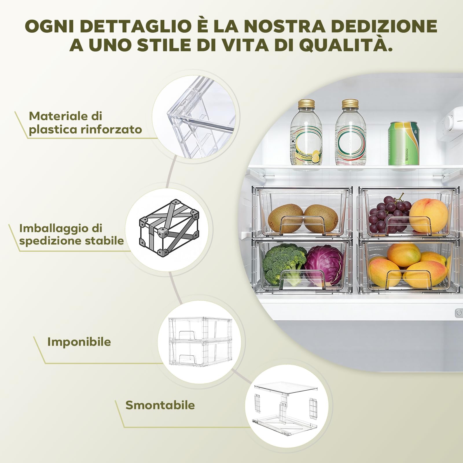 Set 4 Cassetti Organizzatori Impilabili con Divisorio – in Acrilico Trasparente per Scrivania, Trucco, Cucina, Bagno & Soggiorno