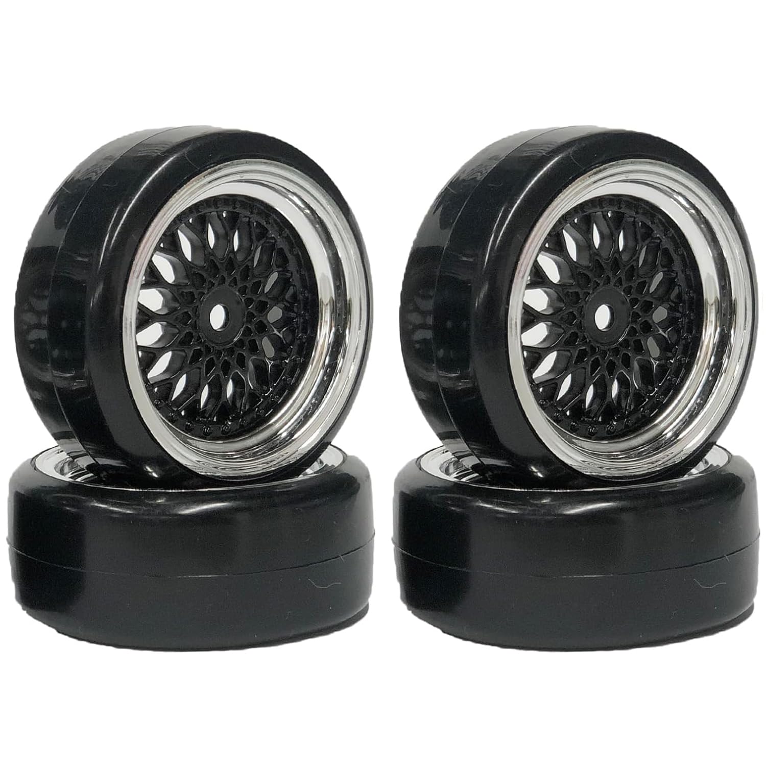 KINGCOO 4PCS RC Drift Car Tyre 63mm Smooth Hard Tires and Plastic Plating Wheel Rims Set for 1/10 RC On Road Run-flating Touring Racing Drifting Car for HSP HPI Kyosho (Black Silver, Offset:9mm)