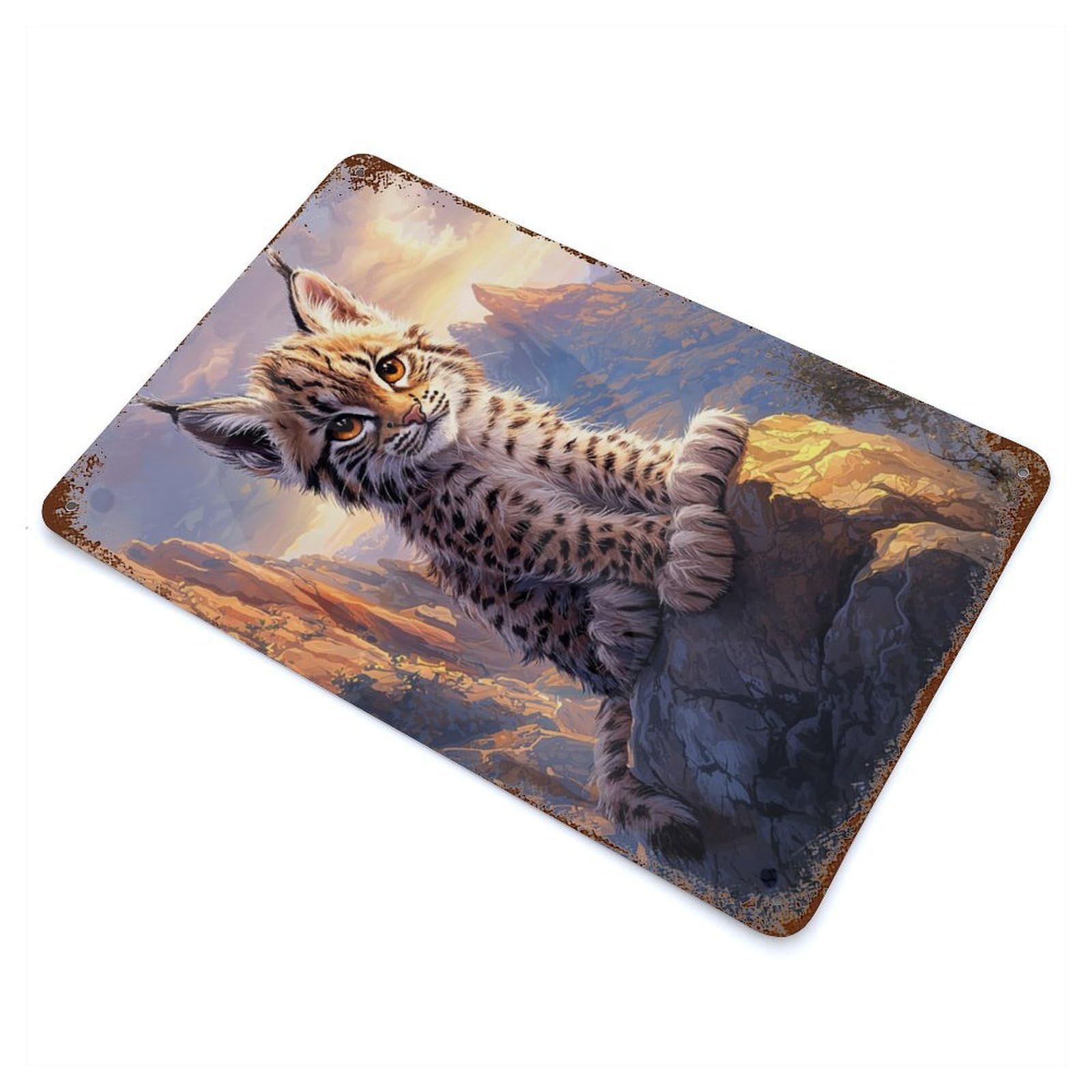 Lynx Kitten on Mountaintop Rusty Metal Tin Sign 11.8"x7.9", for Shed, Workshop And Garage Wall Decor, Shabby Chic Decor