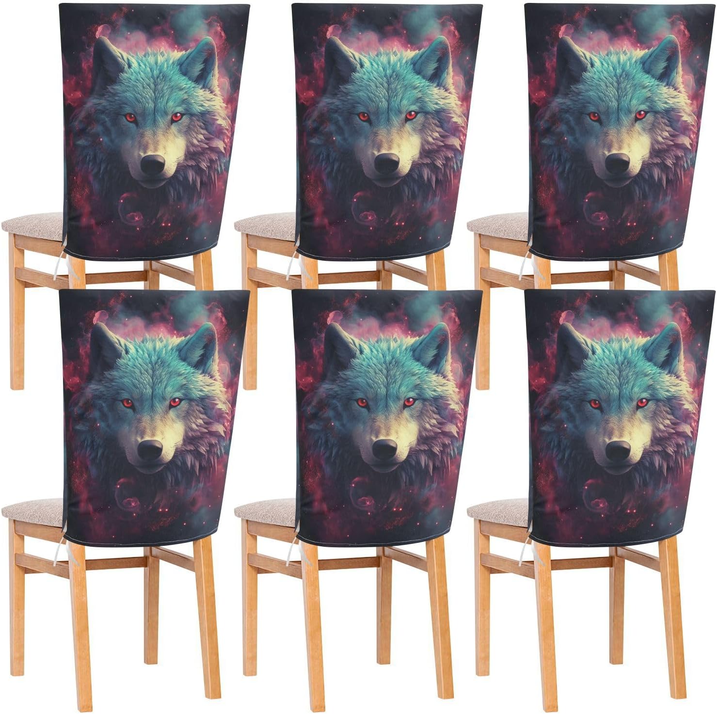 ALAZA Wolf and Galaxy Chair Back Cover Set of 6, Washable Reusable Removable Chair Slipcovers Decorative Chair Cover for Home Kitchen Wedding Party