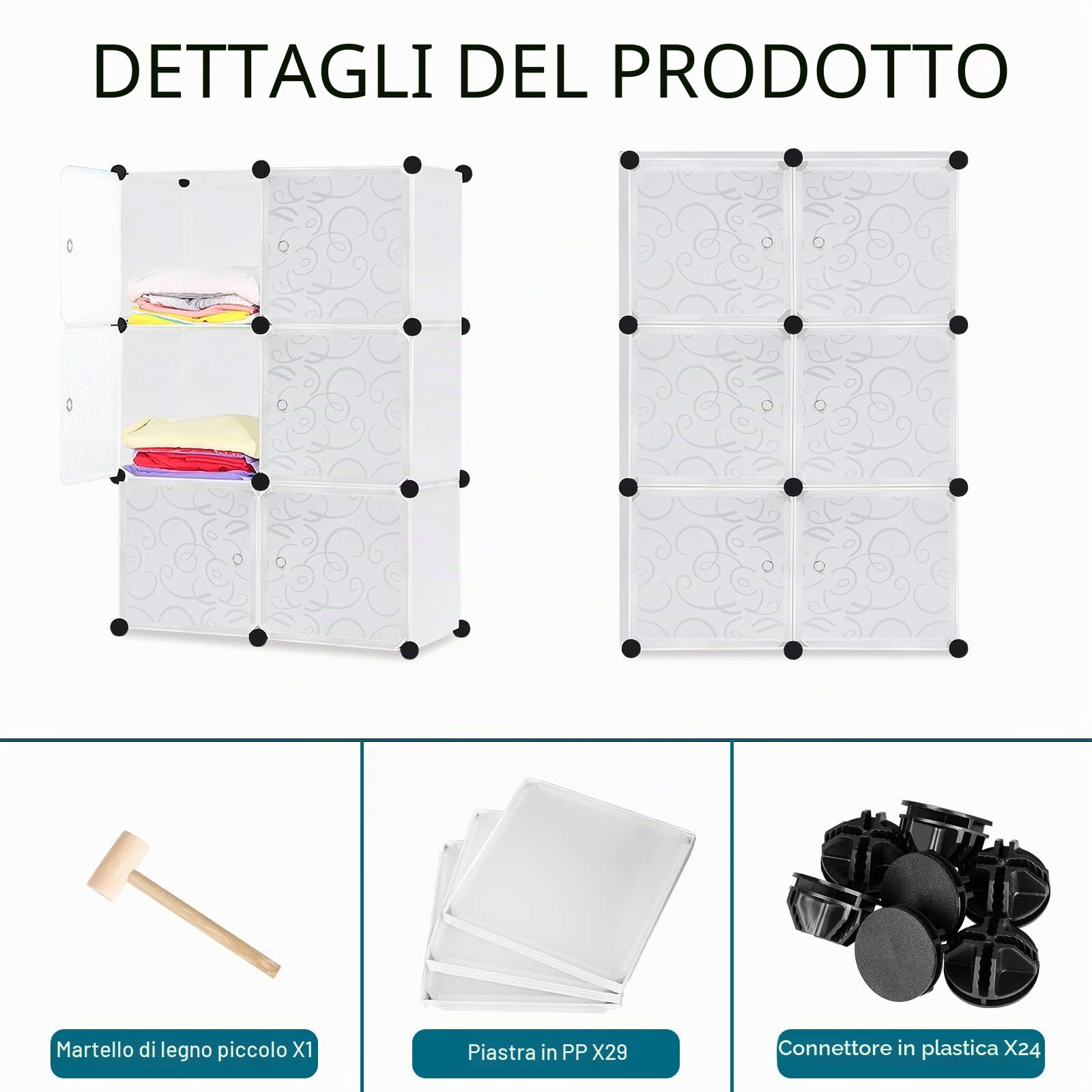 Armadio Wardrobe in plastica, 6 cubi, sistema di scaffalatura per camera da letto, bianco, 70 x 35 x 105 cm