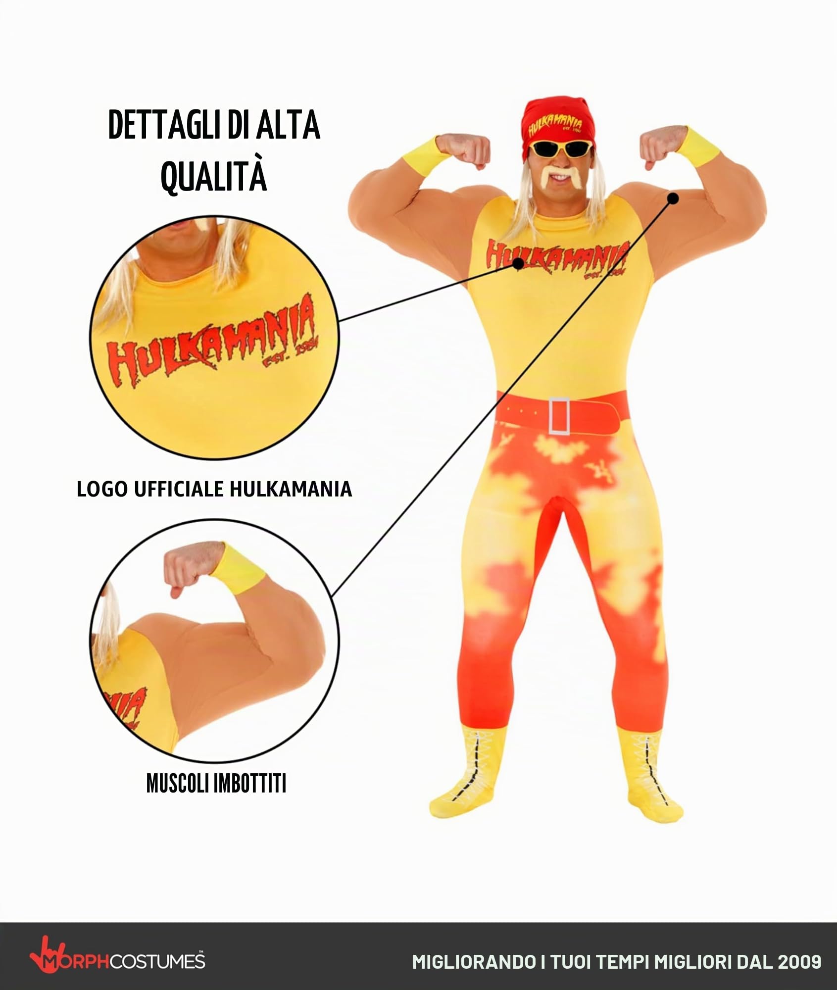 Morph Hulk Hogan Costume Adulto, Costume Hulk Hogan Adulto, Costume Wrestling Uomo, Costumi WWE