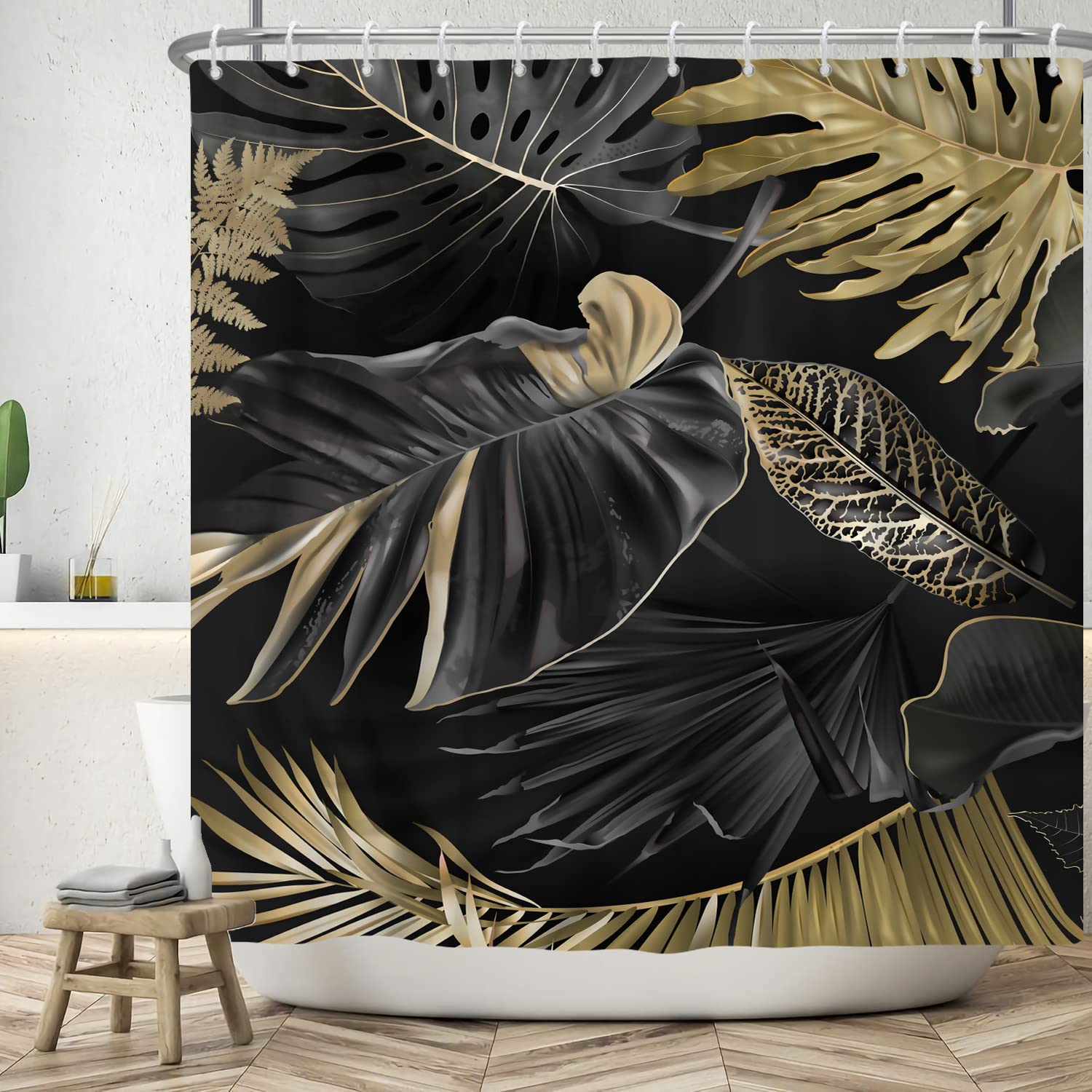 Ttincceer 152x183cm Palm Leaf Shower Curtain with Hook Black Tropical Plant Leaf Bathroom Curtain Jungle Botanical Modern Shower Curtains Waterproof Bathtub Curtain — image 1