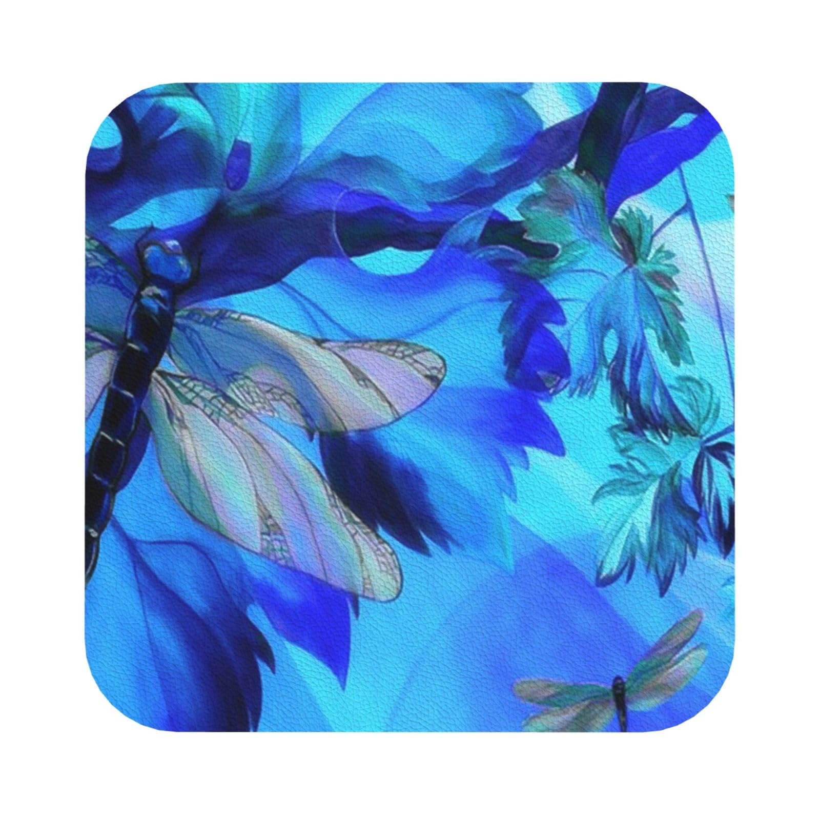 Art Dragonfly PU Leather Coasters Set of 6 Square Drink Coasters
