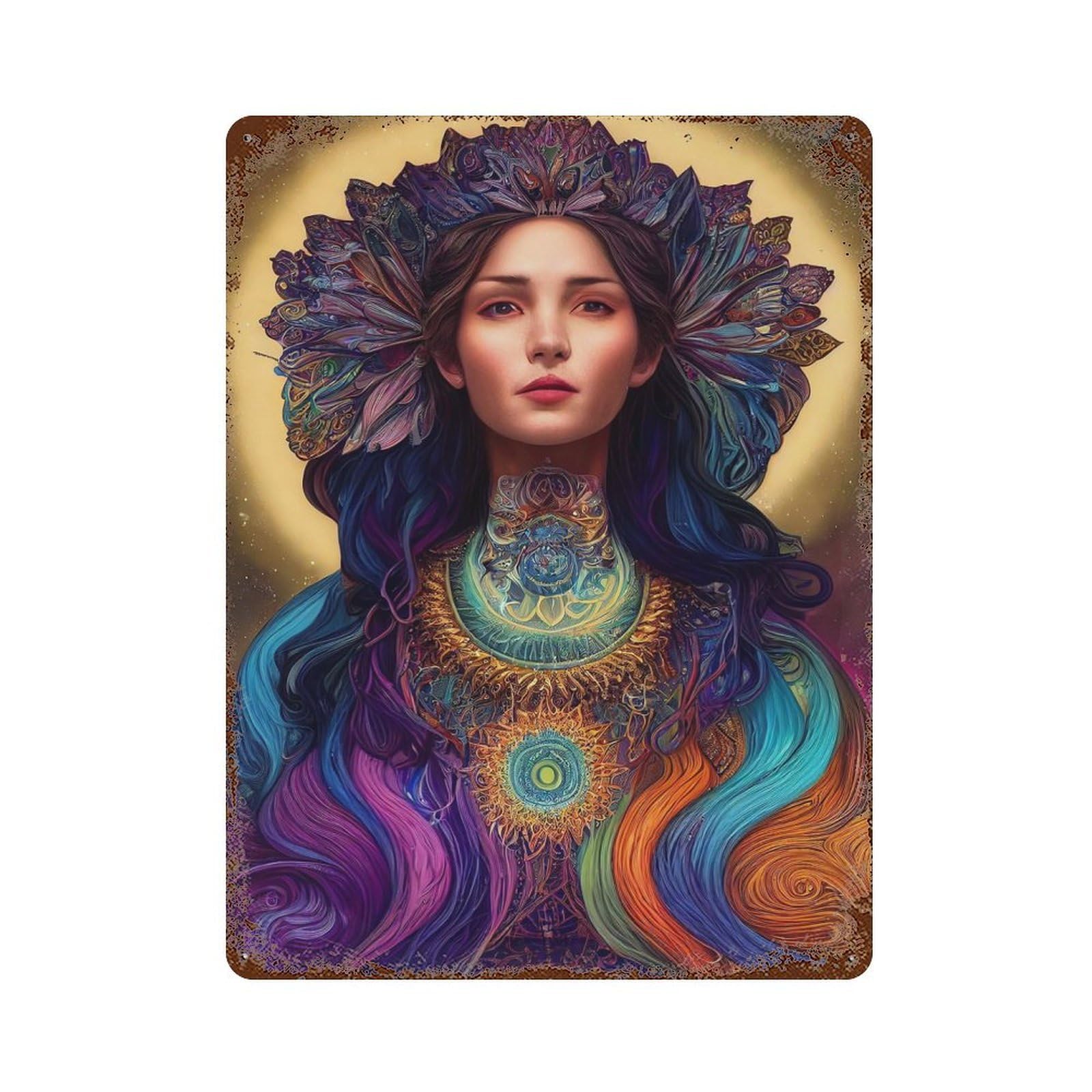 Goddess of Ethereal Light Aged Metal Wall Plaque 15.7"x11.8", Old School Wall Decor for Garage, Pub Or Kitchen