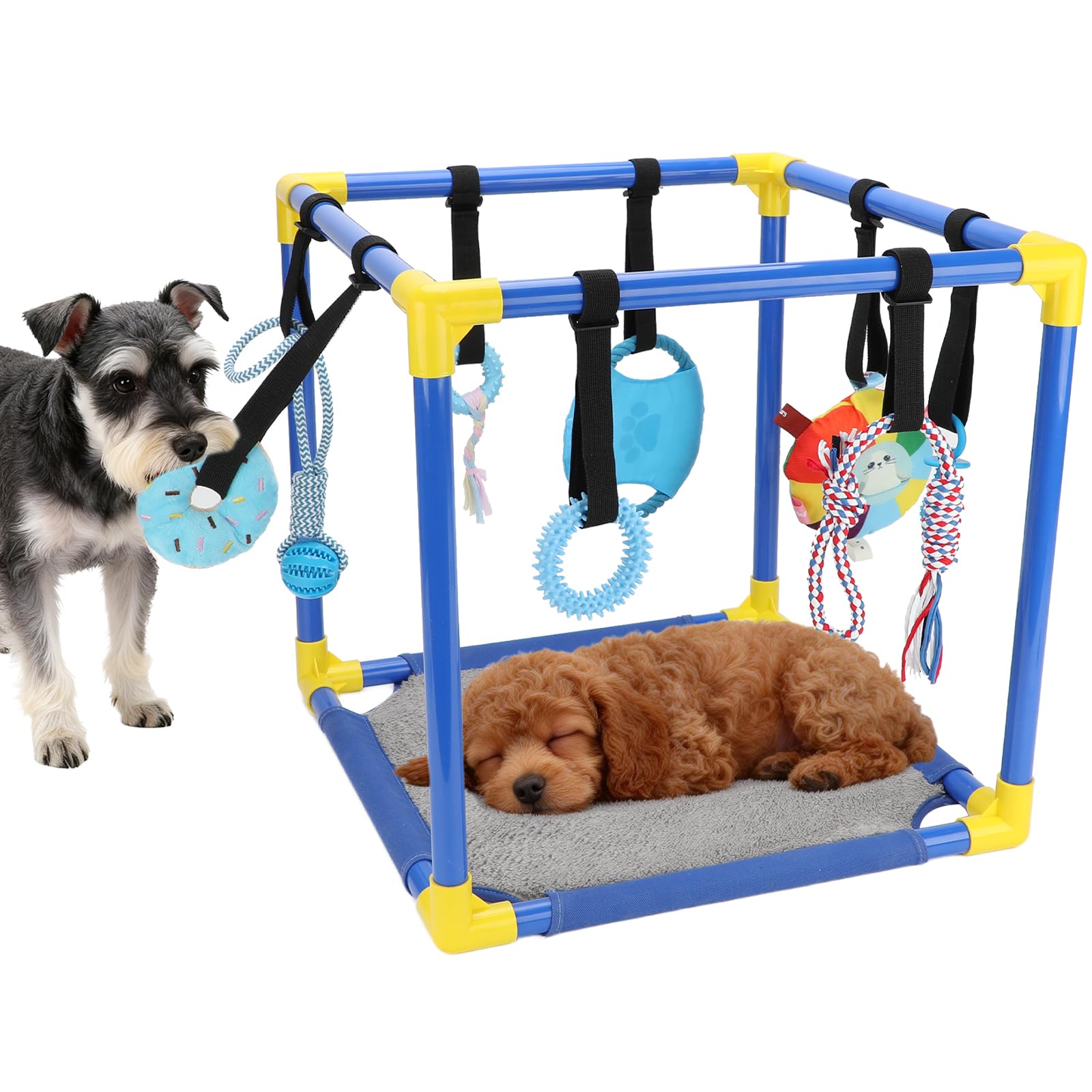 Welpenspielstudio mit 8 hängenden Spielzeugen und weicher, wendbarer Bodenmatte | Indoor Dog Active Gym mit verstellbaren Bungee-Gurten und PVC-Rahmen für Welpenzahnen, Zahnspielzeug & geistige Stimulation