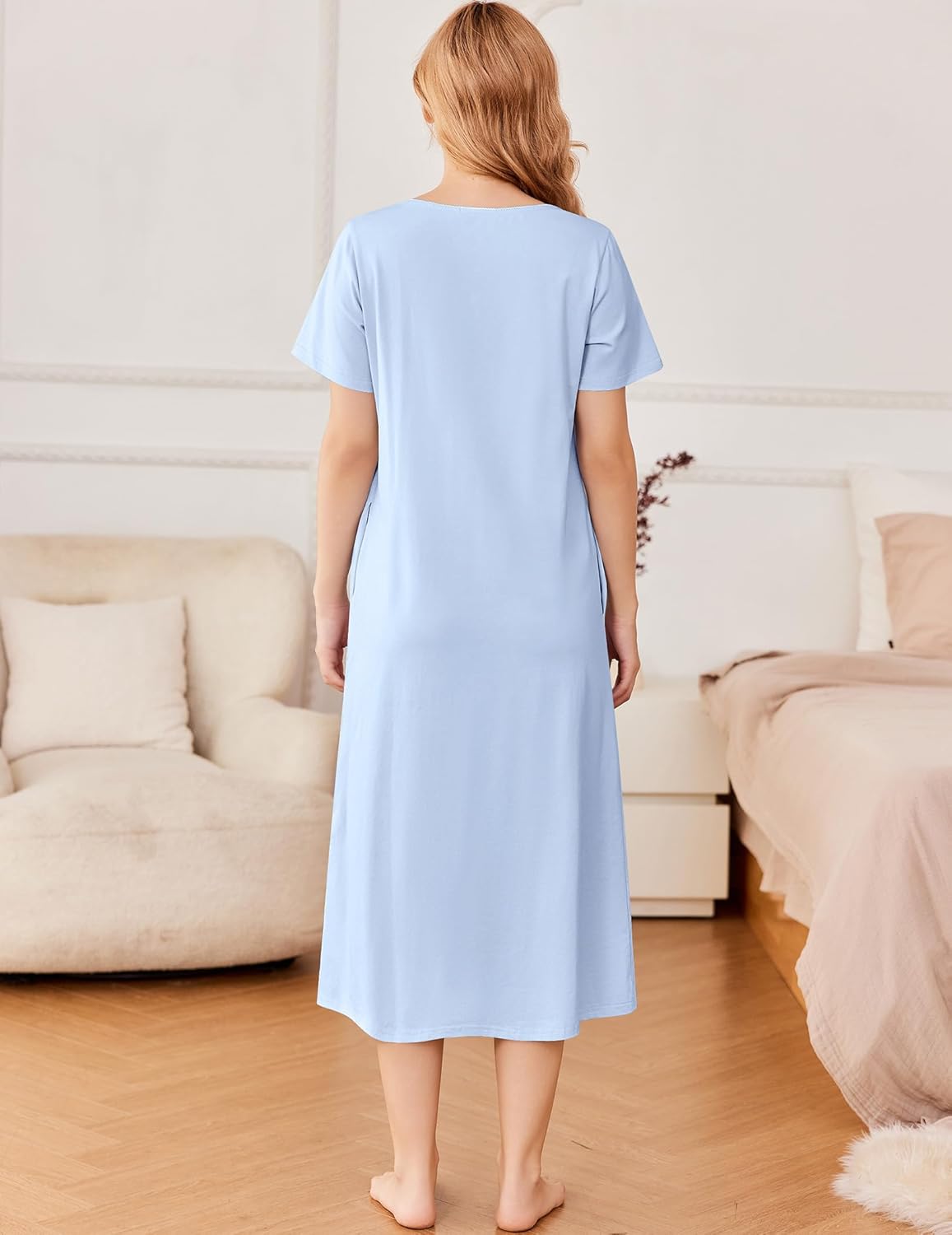 Ekouaer Cotton Nightgowns for Women Long Nightgown Short Sleeve Night Dress Button Sleepshirt with Pockets - Image 5
