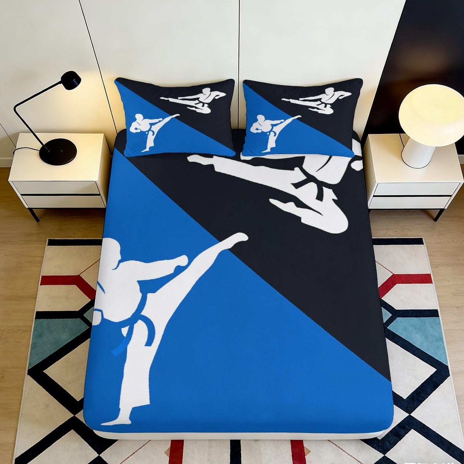 Jqzkxnhpbr Style-4 3D Printed Karate Kick Fitted Sheet Microfiber Blue Black Martial Arts Bed Cover For Bedroom Guest Room Decor 90X200x25cm