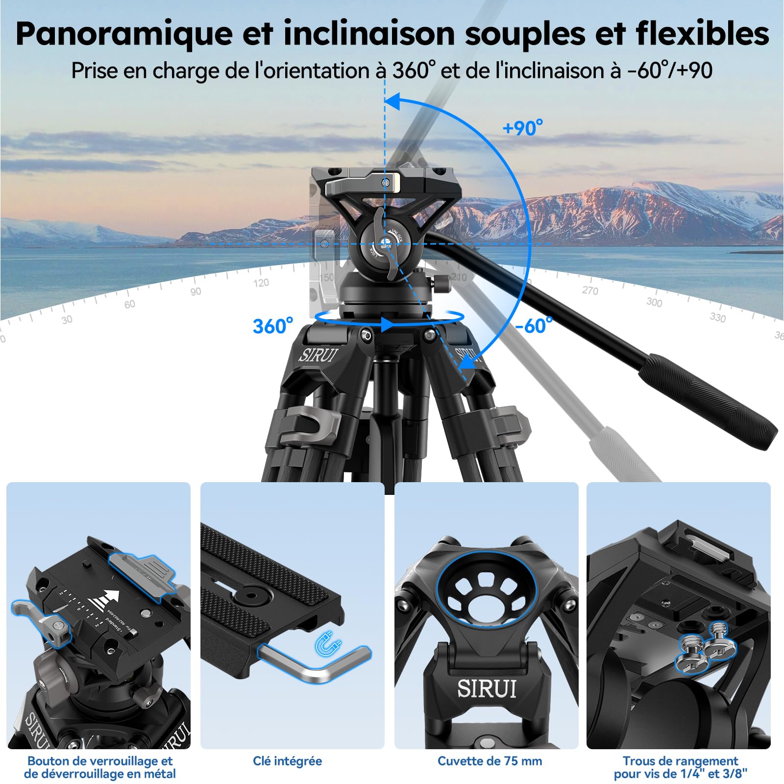 SIRUI Trépied Vidéo en Fibre de Carbone à Dégagement Rapide, 185cm Trépied Robuste avec Tête Fluide et Système de Verrouillage Rapide en Une Étape, pour DJI et pour Manfrotto, Max 15 kg, AVT-12