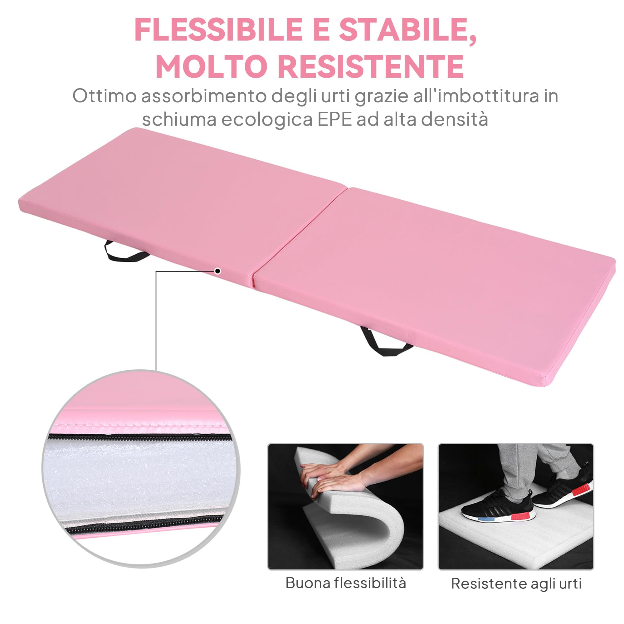 HOMCOM Tappetino da Ginnastica Pieghevole, Materassino Fitness Spesso 5 cm e Antiscivolo, Tappeto da Palestra Salvaspazio per Yoga e Pilates, 180x60 cm, Rosa