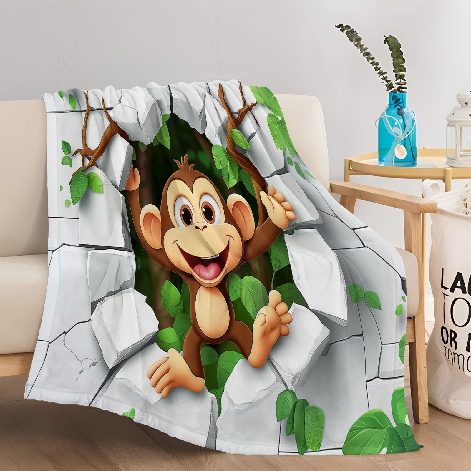 Cartoon Monkey Jungle Sherpa Flannel Blanket Couch Sofa Bed Ultra Soft Plush Blanket Room Decor Air Conditioning 50"x60",White Green