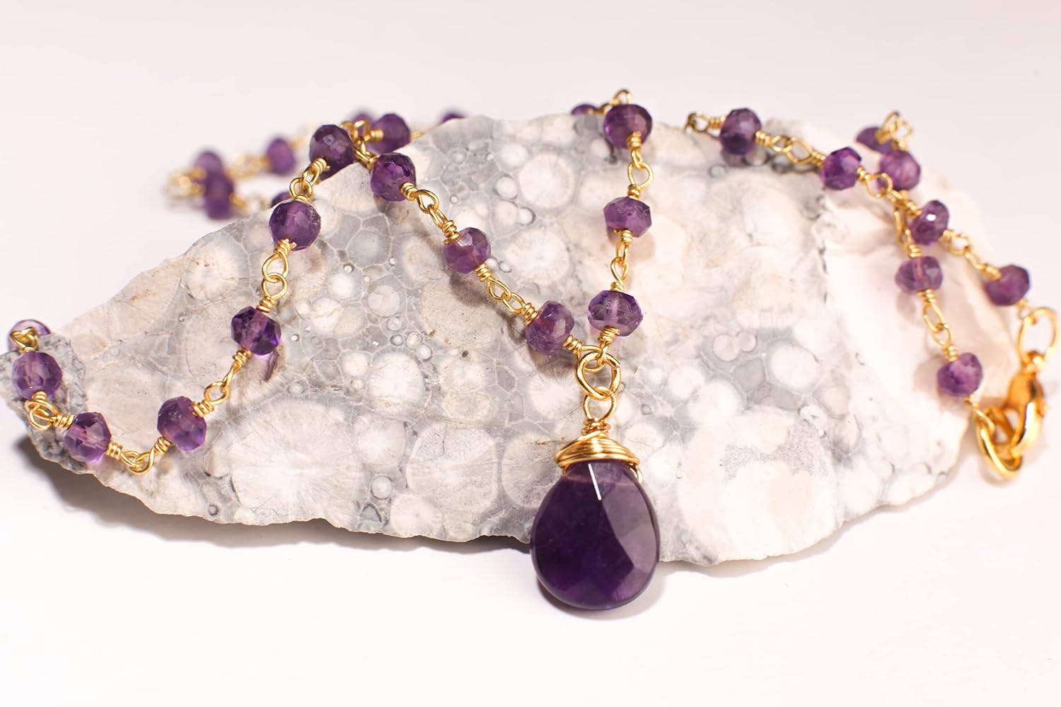 Brazilian Amethyst Wire Wrapped Faceted 10x12mm Pear Drop Pendant Necklace with Amethyst Beaded Rosary Chain 16"to 24" Necklace, February Birthstone, Gift