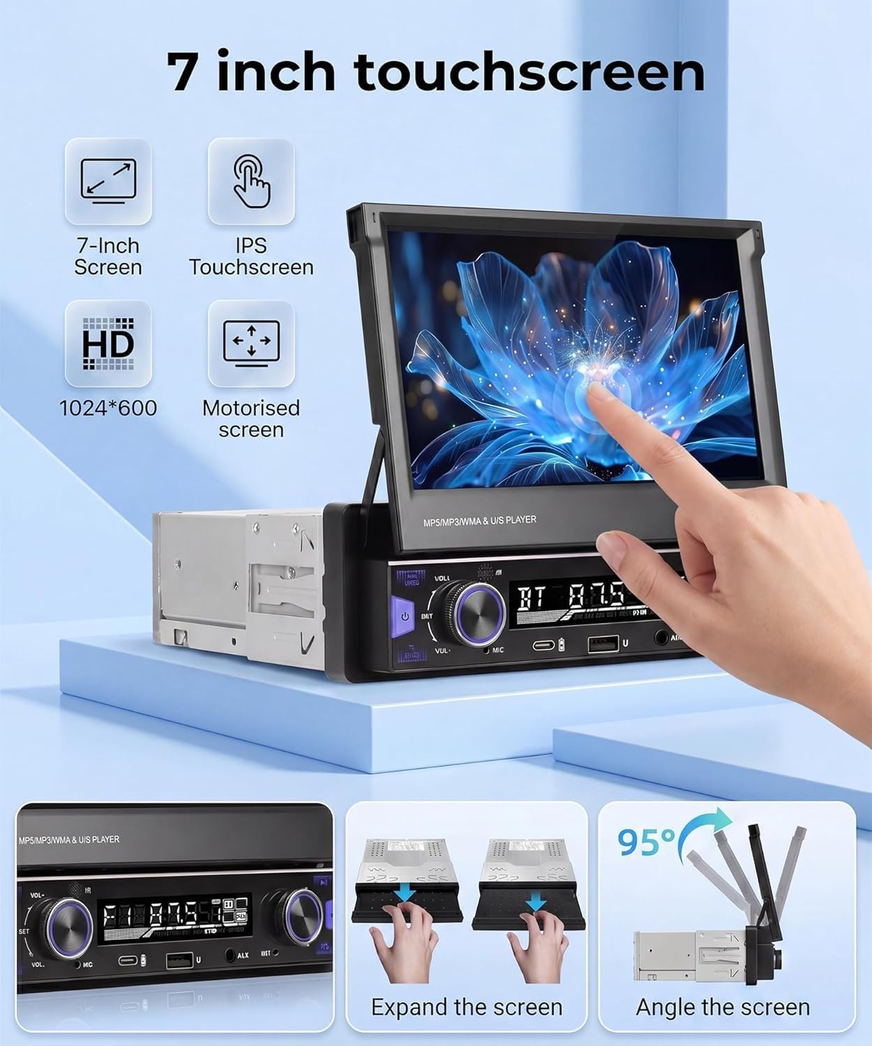 7 Inch Single DIN Flip Out Car Stereo, Wireless CarPlay Android Auto image 3