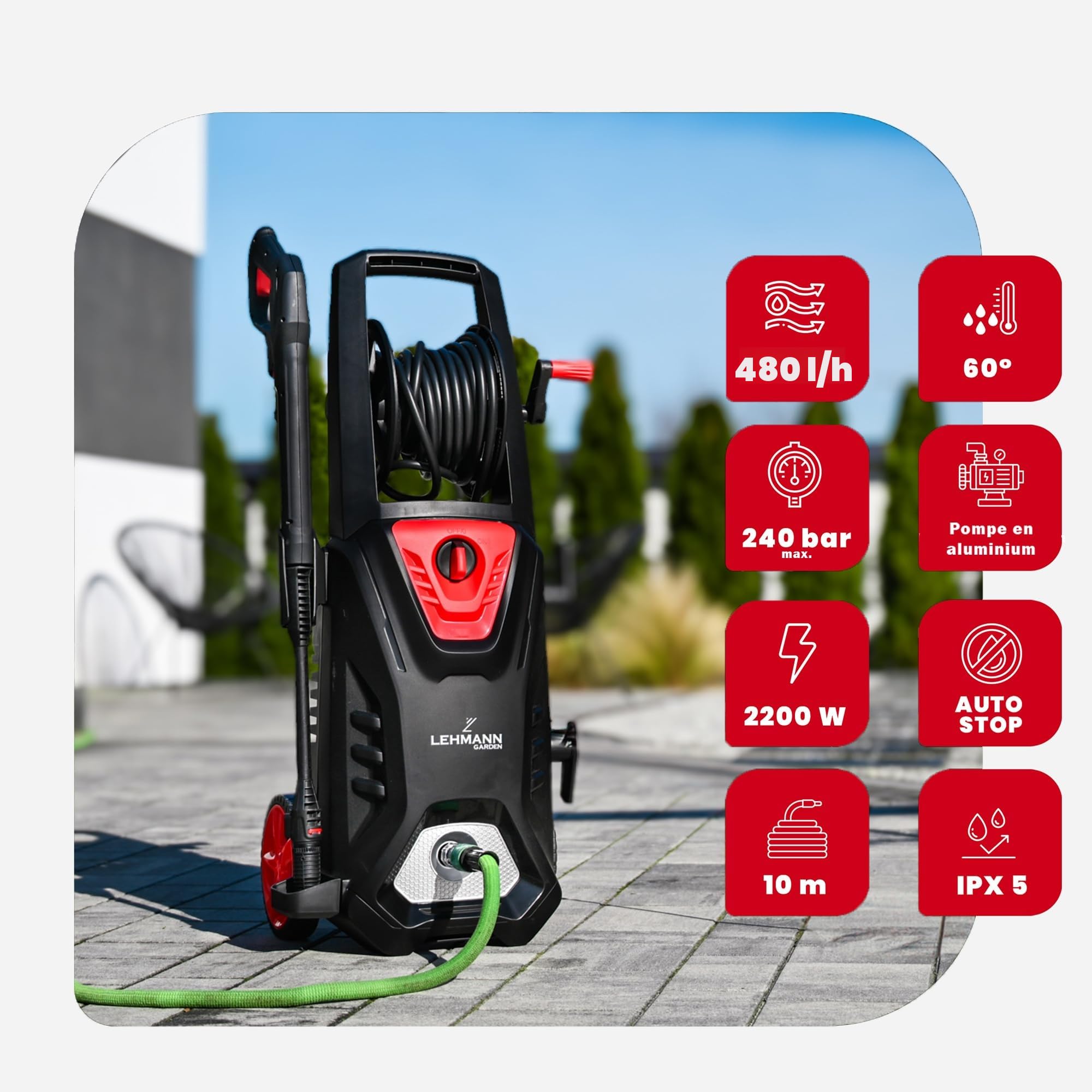 LEHMANN Missouri Nettoyeur Haute Pression pour Surfaces Extérieures et Voiture, Max. 240 Bar, 2200 W, Débit 480 l/h, 13 m Rayon d’Action, Lance à Mousse, Buse Réglable & Turbo, Noir/Rouge