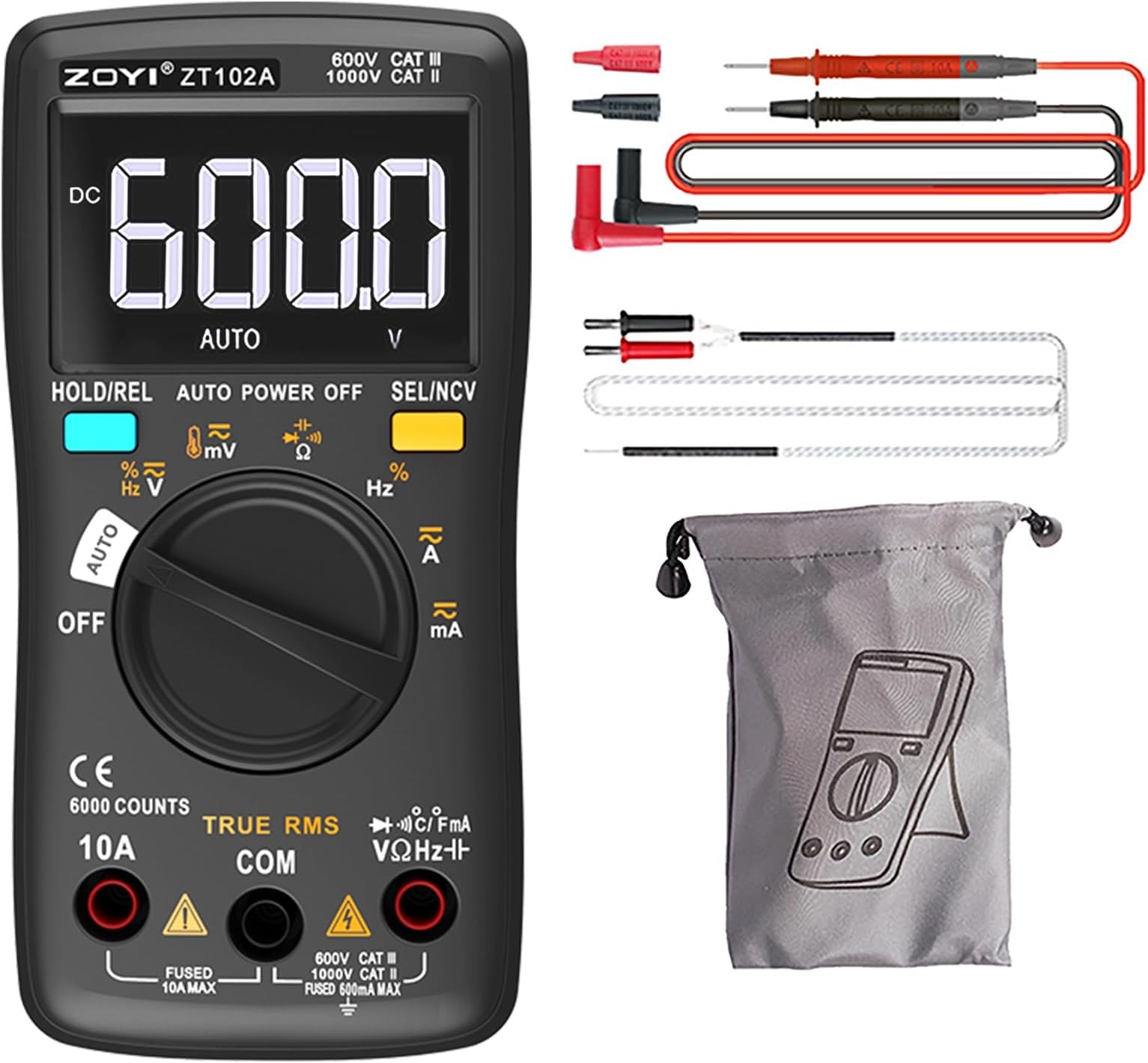 ZT-102A Multimeter Voltage Tester Circuit Tester Manual/Automatic Mode True RMS Auto Range Digital Multimeter Pocket Multimeter LCD 6000counts NCV,10A 60MÃŽ©